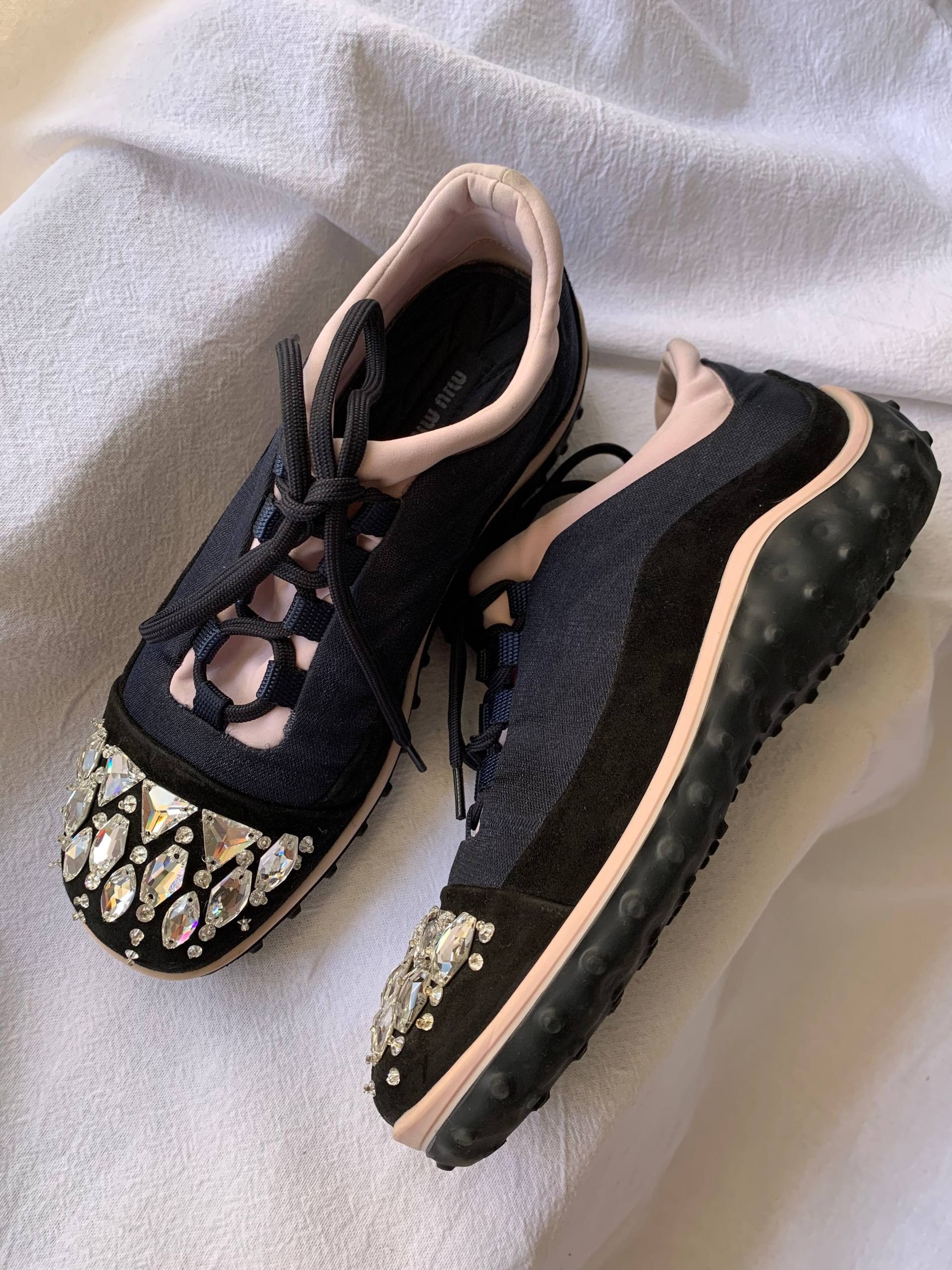 Miu Miu Crystal Embellished Neoprene Lace-Up Slip-On Sneakers Size US 4 / IT 34 - 3 Thumbnail