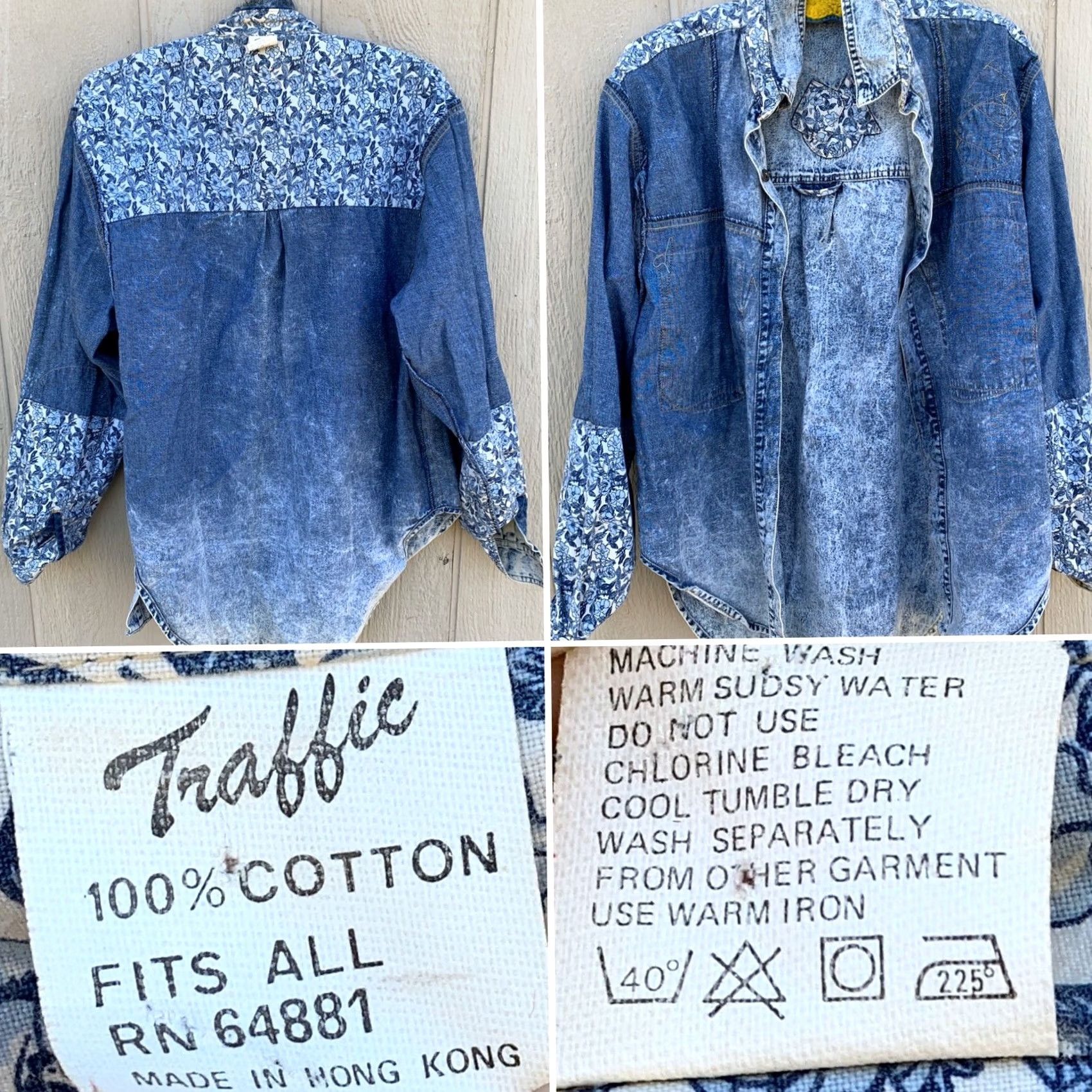 Denime VINTAGE Traffic Acid Wash Denim Shirt Patchwork Elbow Patches One Size 80s 90s Blue Denim Shirt Womens/ mens Size ONE SIZE - 5 Thumbnail