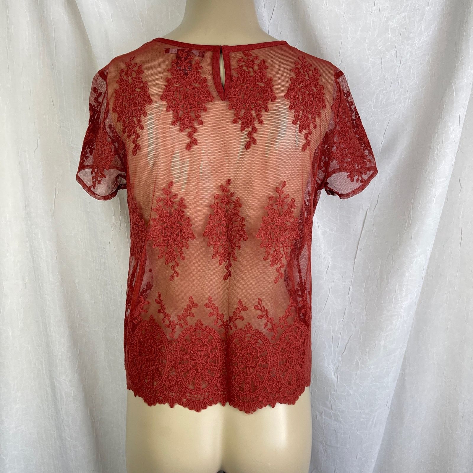 Forever 21 Rust Sheer Mesh Lace T Shirt Scalloped Hem Forever 21 Small Size S / US 4 / IT 40 - 6 Thumbnail