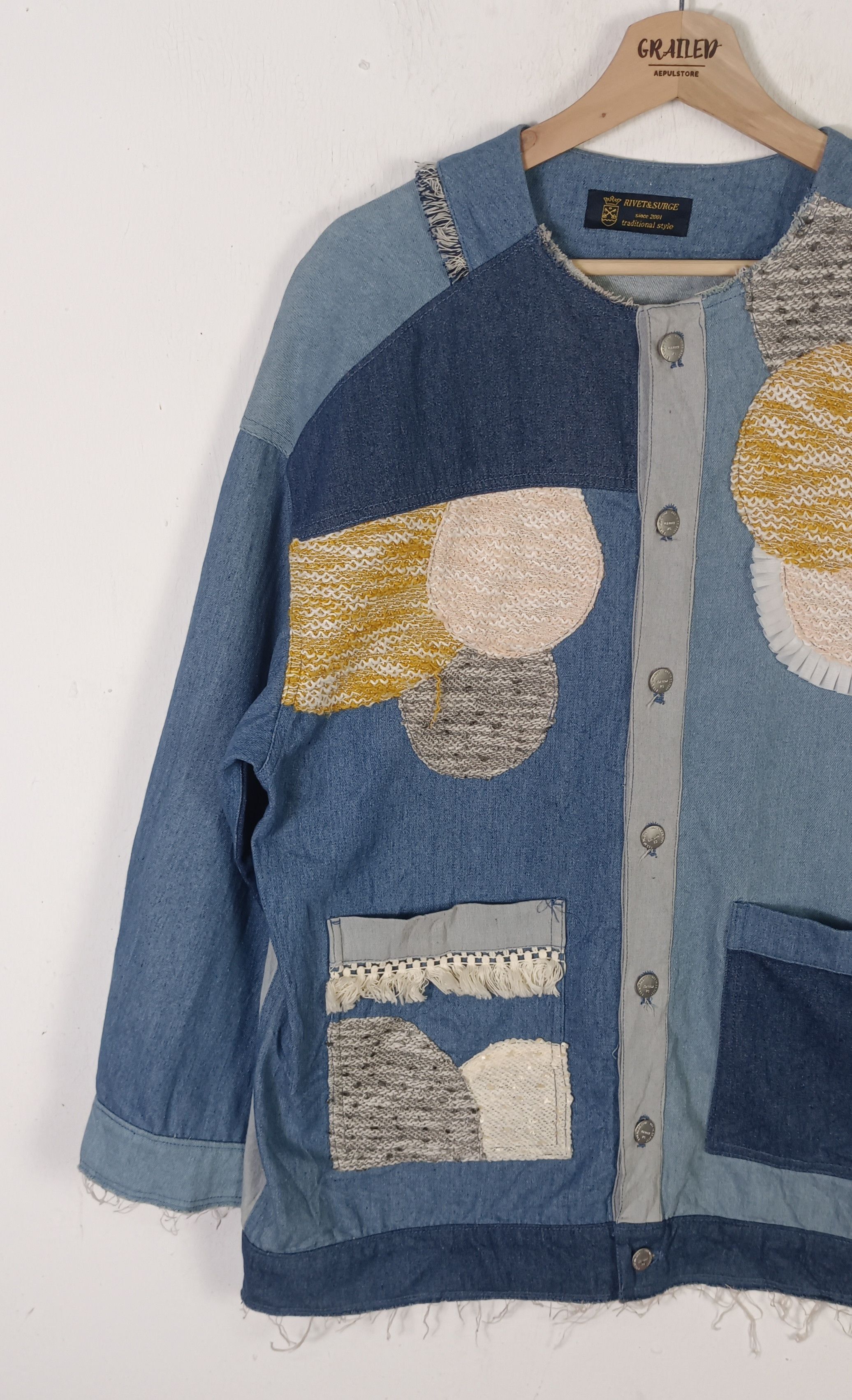 Japanese Brand Rivet & Surge Tsukihugi Pacthwork Denim Jacket Size US XL / EU 56 / 4 - 4 Thumbnail
