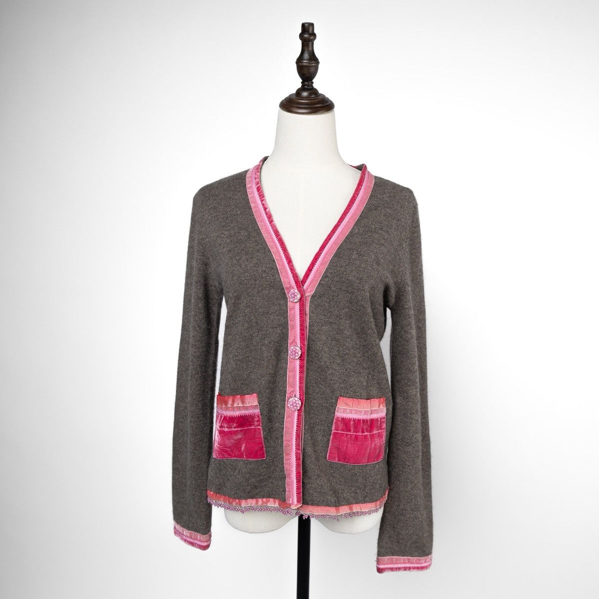 Other FFC Womens Cashmere Cardigan Grey Pink Trim Button Knit Size S / US 4 / IT 40 - 1 Thumbnail