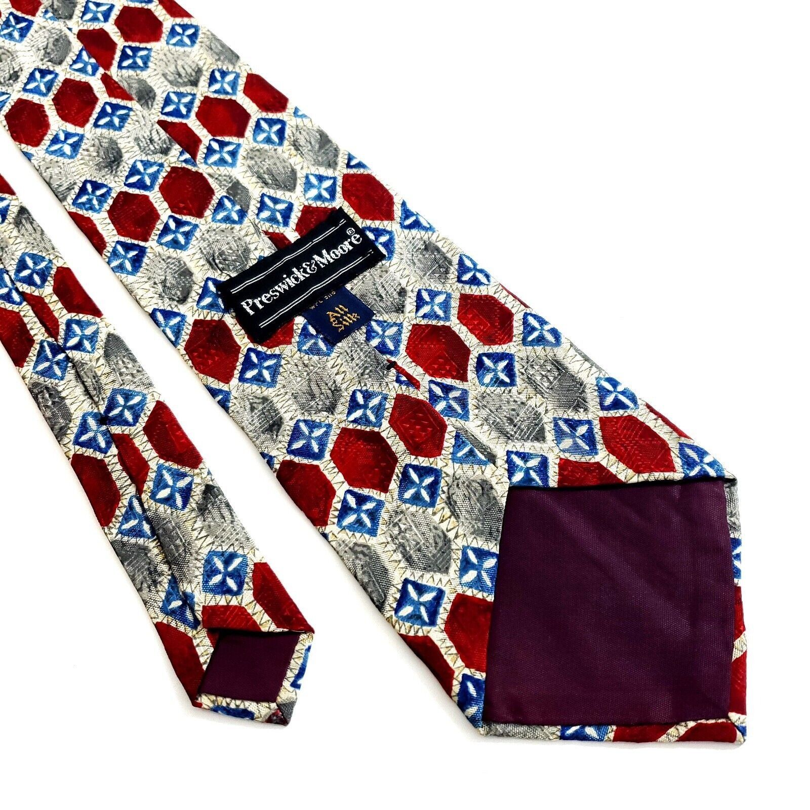 Designer Preswick & Moore Tan Red Blue Geometric Print Wide Silk Tie Size ONE SIZE - 4 Thumbnail