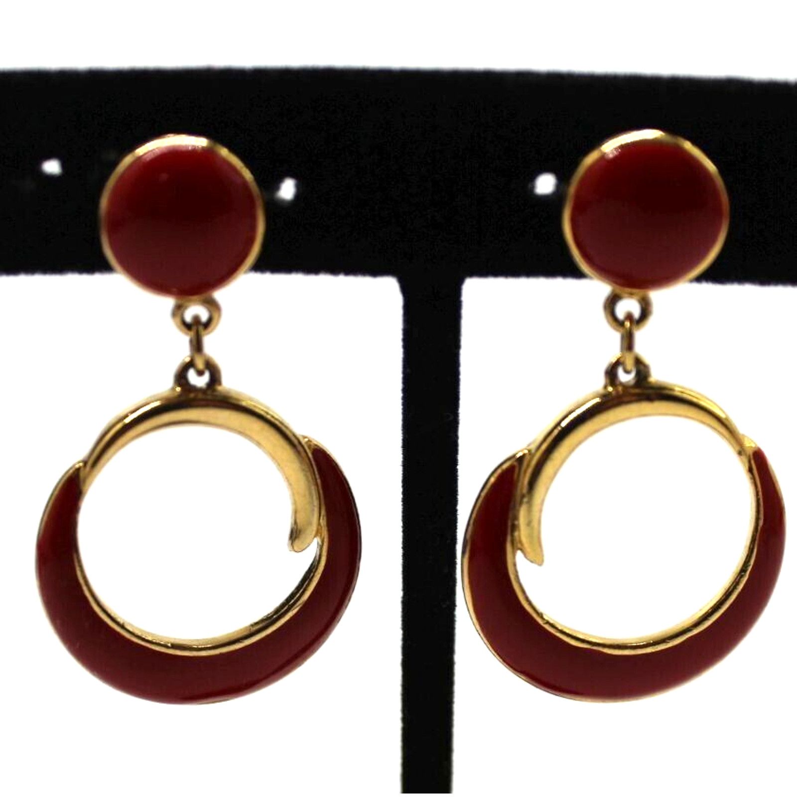 Other Red Enamel Circle Earrings • Drop Dangle •Goldtone •Moveable Size ONE SIZE - 2 Thumbnail