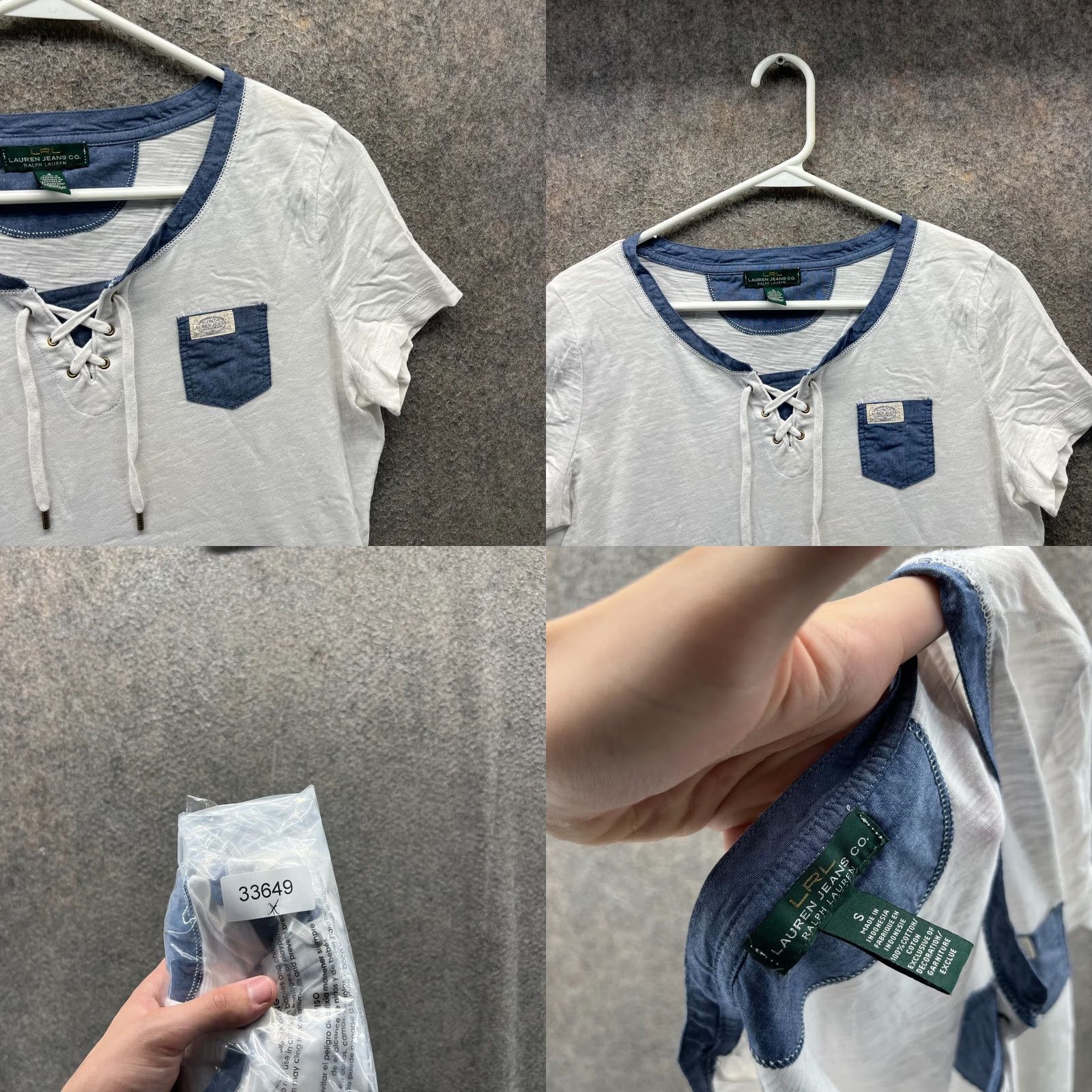 Ralph Lauren Ralph Lauren Shirt Womens Small White Blue Lace Up Pocket Cotton LRL Denim Shirt, Women, White, Small, Casual, Short Sleeve, Button Size S / US 4 / IT 40 - 8 Thumbnail