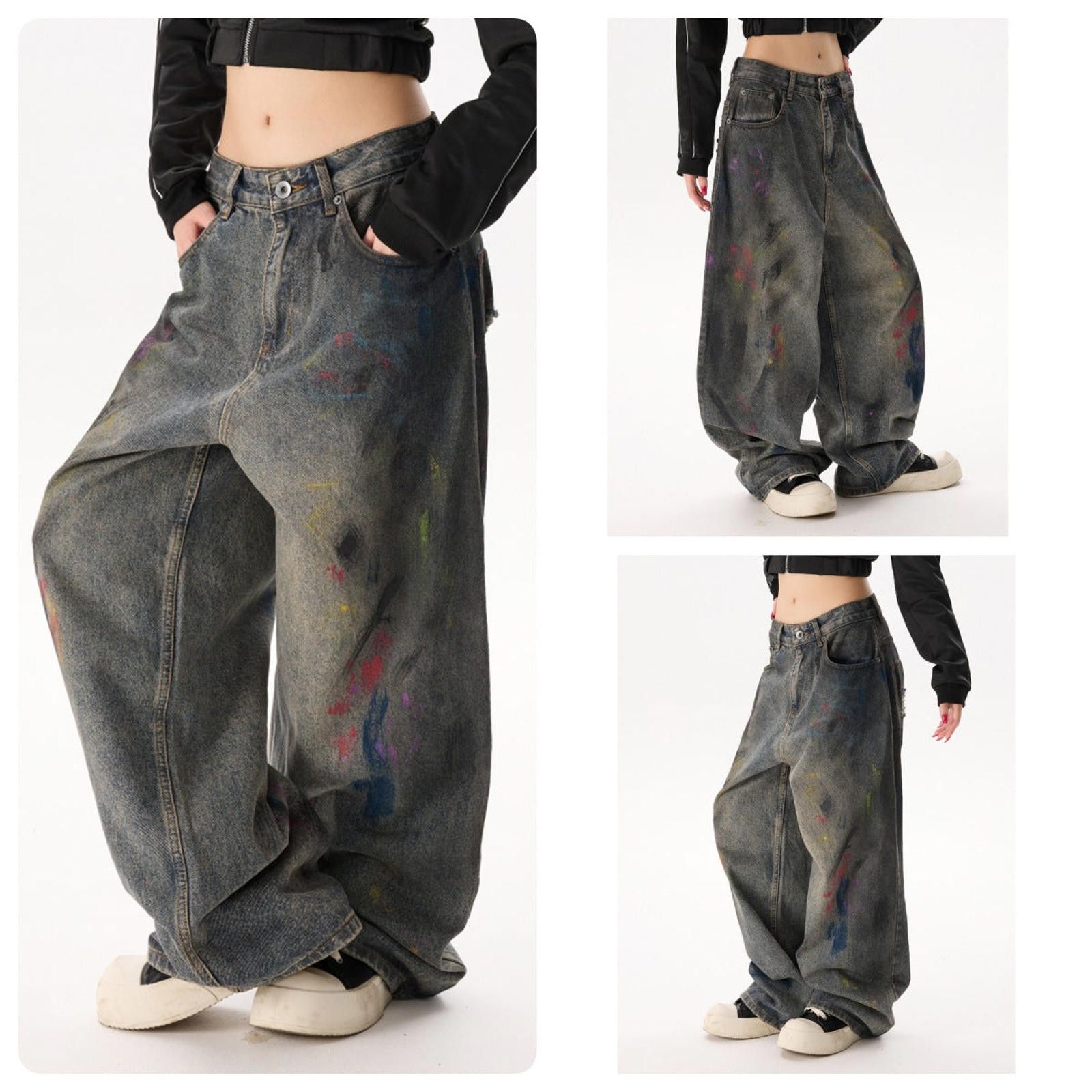 Japanese Brand Paint-Splattered Baggy Wide Leg Jeans, Oversized Denim Size 32" / US 10 / IT 46 - 5 Thumbnail