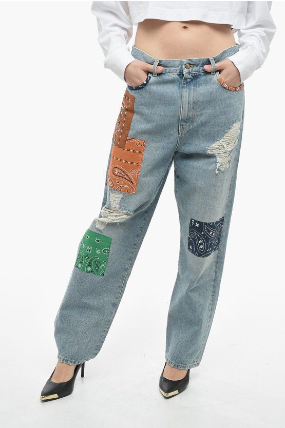 image of Alanui Patchwork California Jeans With Distressed Details in Blue, Women's (Size 30)