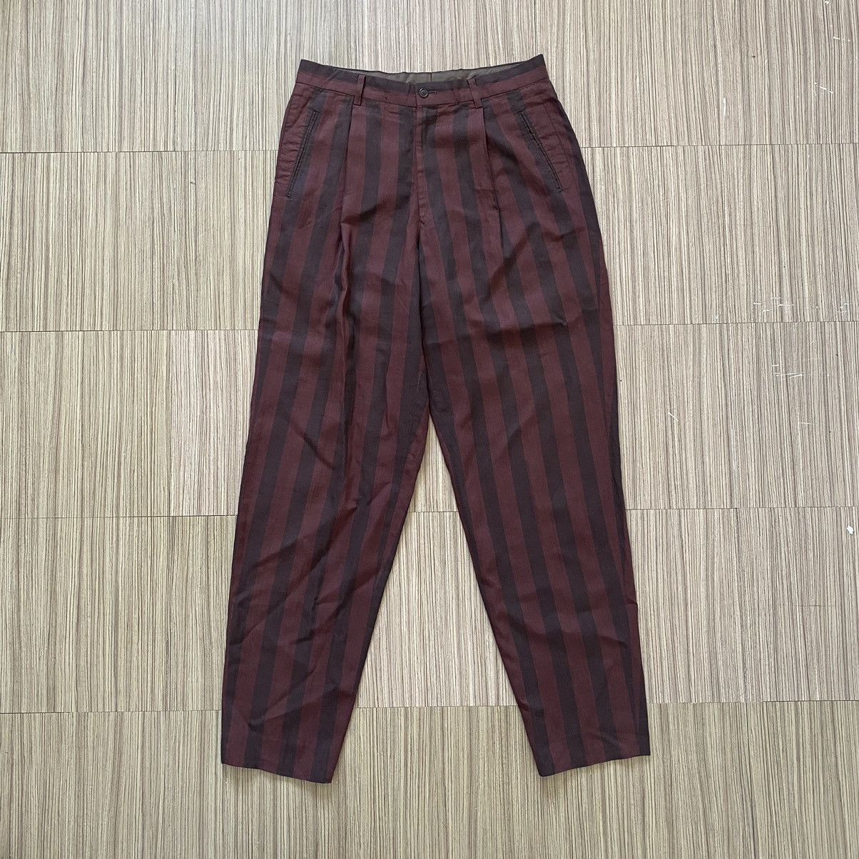 image of Issey Miyake - Pleated Straight Striped Trouser in Maroon, Men's (Size 33)