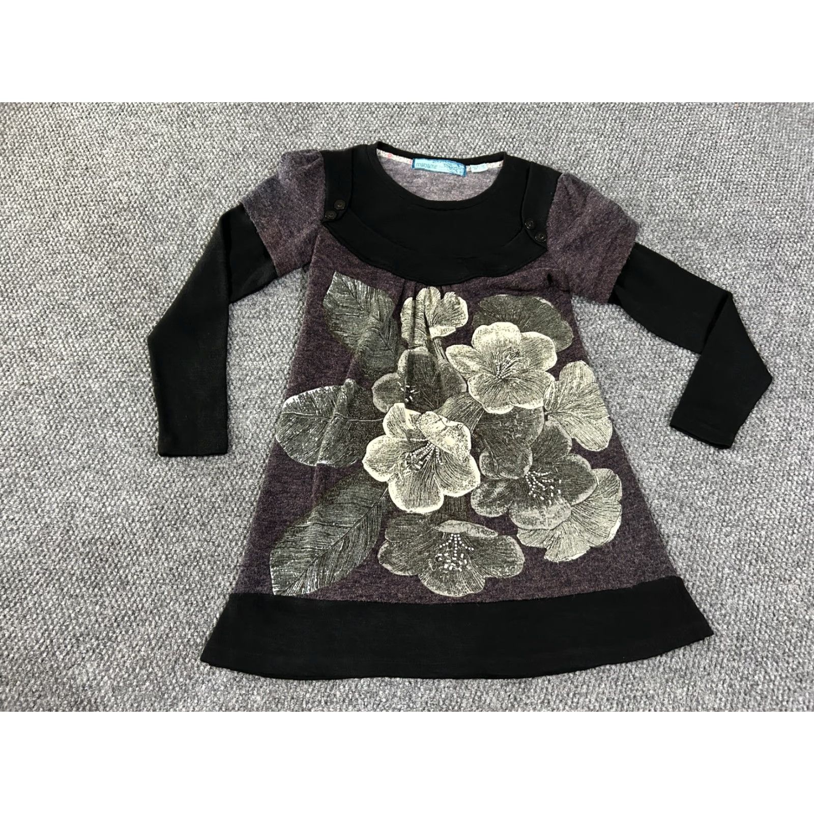 Vintage Madame A-Line Dress Womens M Short Black Floral Knit Stretch Puff Sleeve Crochet Crew Neck Pullover Casual Summer Spring Moderate Condition Good Size M / US 6-8 / IT 42-44 - 2 Thumbnail