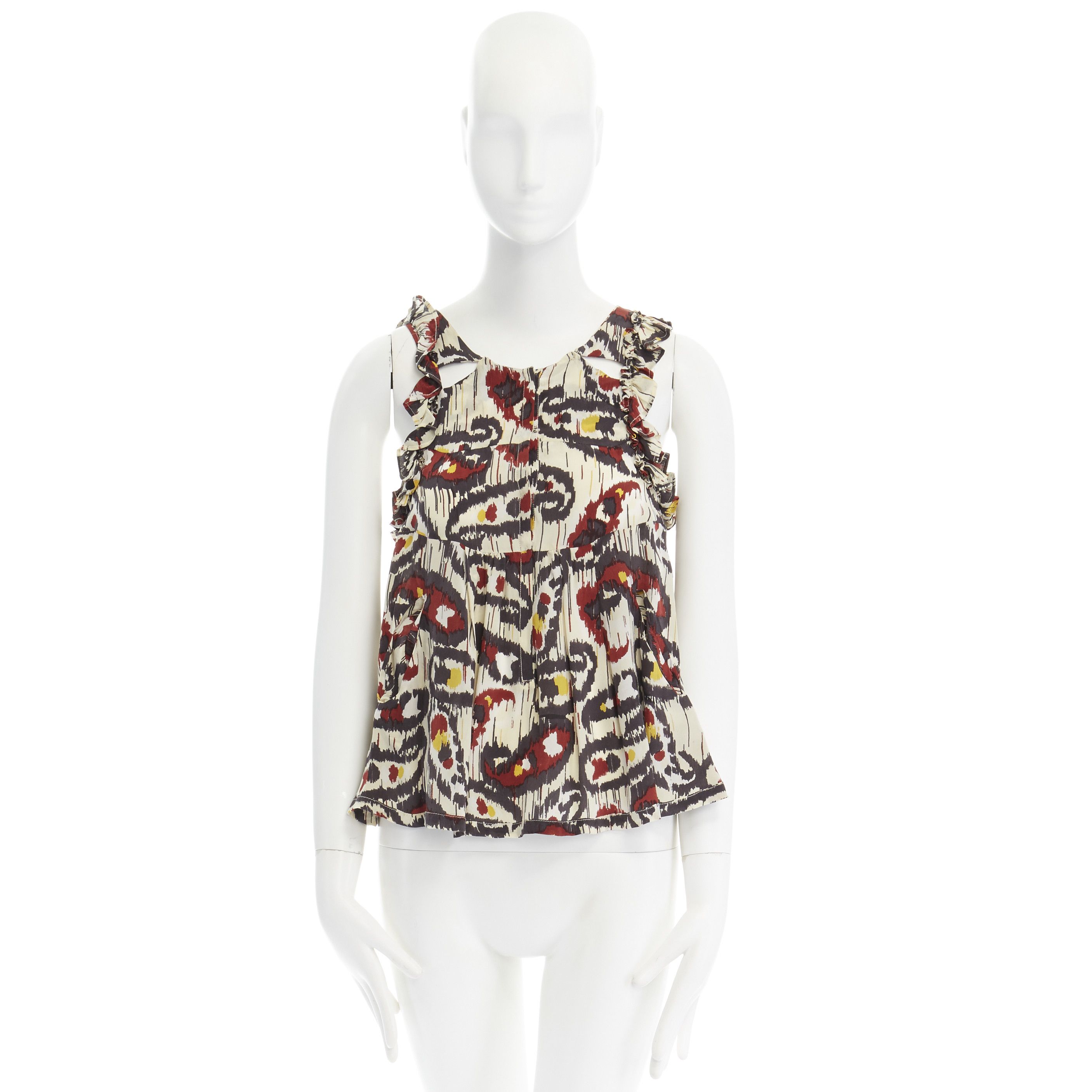 Isabel Marant ISABEL MARANT Ikat cream ethnic print silk ruffle cut-out top FR34 XS US2 UK6 Size XS / US 0-2 / IT 36-38 - 1 Thumbnail