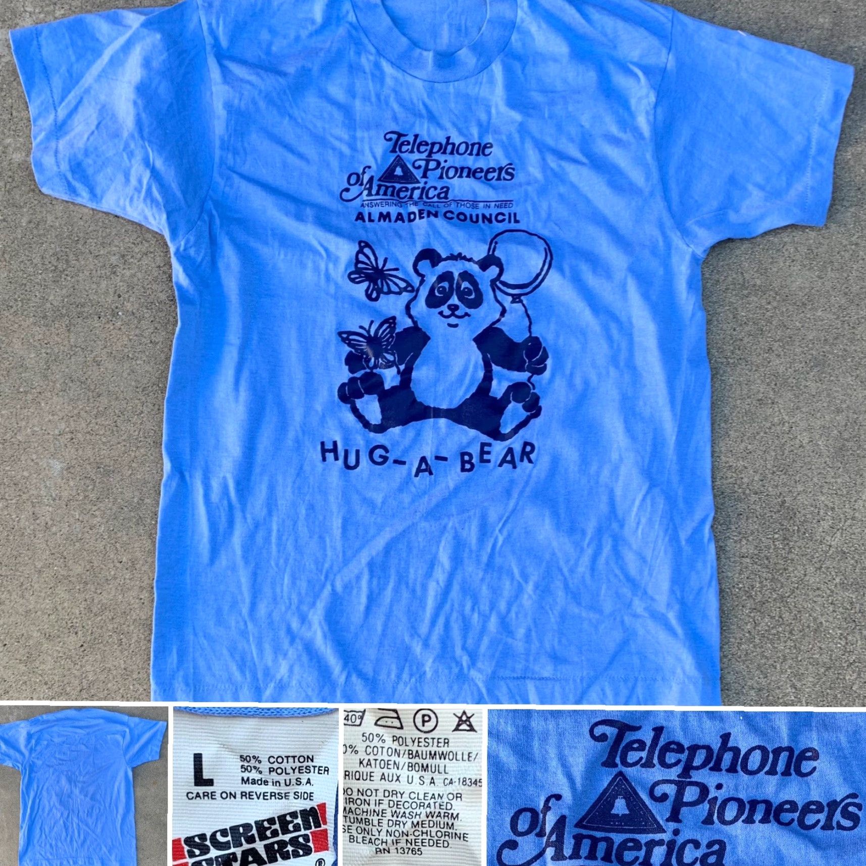 Vintage VINTAGE Screen Stars T-Shirt Men L blue 80s Graphic Print Telephone Pioneers of America Almaden Council HUG A BEAR Size US L / EU 52-54 / 3 - 2 Thumbnail