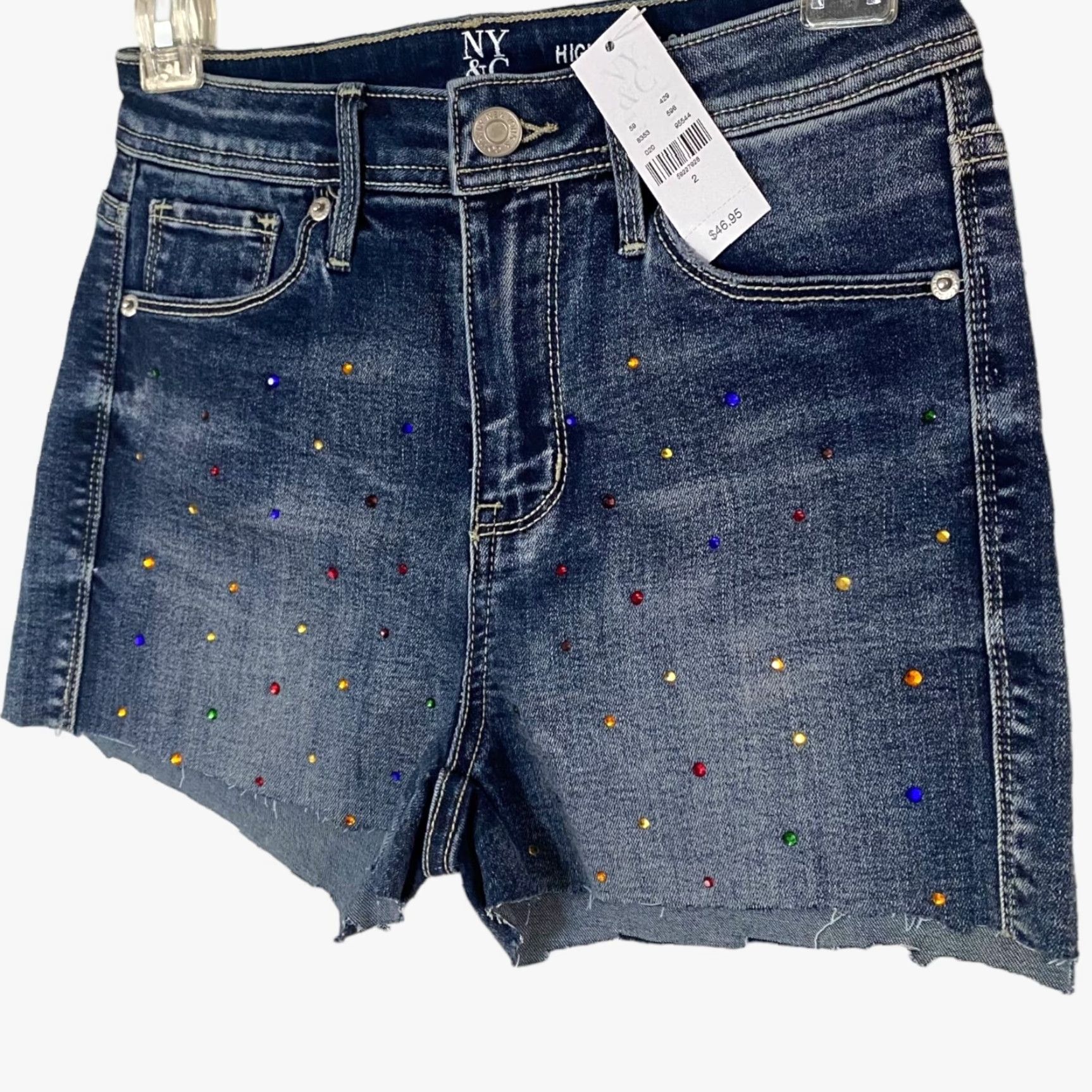 Vintage VINTAGE New York & Co. Lexi Women's Denim Shorts High-Waisted 2 Blue Rhinestone Cut-Off 5-Inch Pockets Size 26" / US 2 / IT 38 - 2 Thumbnail