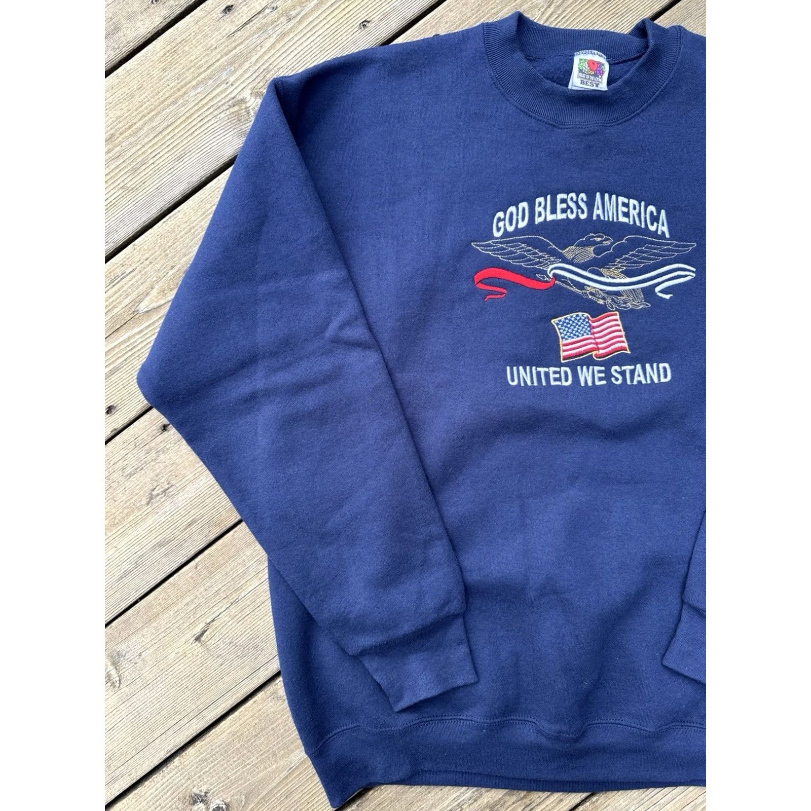 Fruit Of The Loom VINTAGE God Bless America Embroidered Sweatshirt Fruit of the Loom 90s Navy XL Mens Size US XL / EU 56 / 4 - 2 Thumbnail