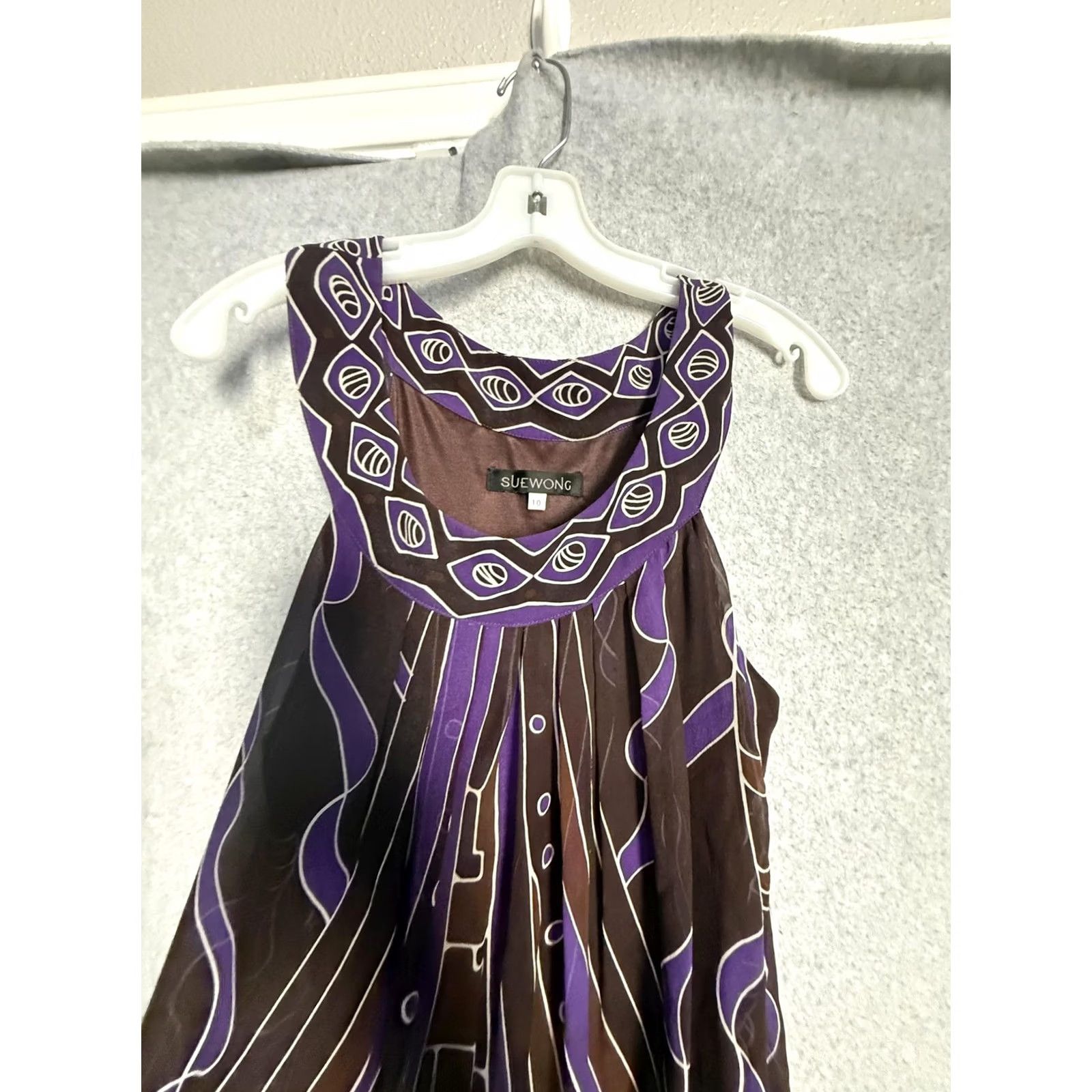 Vintage Sue Wong Dress Womens 10 Brown Purple Silk Trapeze Scoop Neck Knee Sundress Dresses Size L / US 10 / IT 46 - 7 Thumbnail