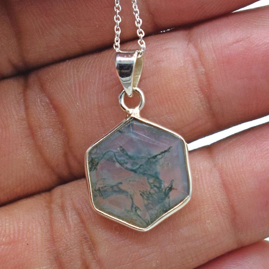 Handmade Natural Moss Agate 925 Sterling Silver Pendant Necklace Size ONE SIZE - 1 Thumbnail
