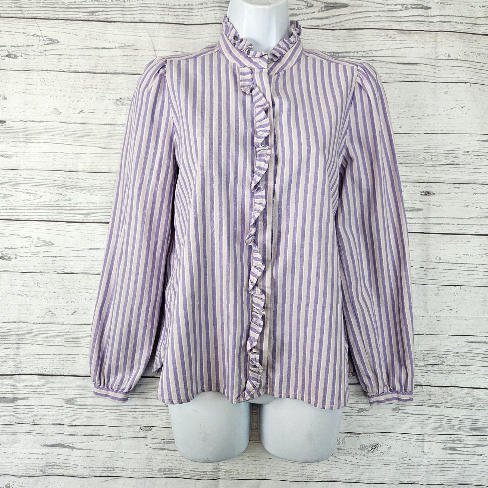 Loft Ann Taylor LOFT Womens Button Up Top XS Purple Stripe Ruffles Cotton Size XS / US 0-2 / IT 36-38 - 2 Thumbnail