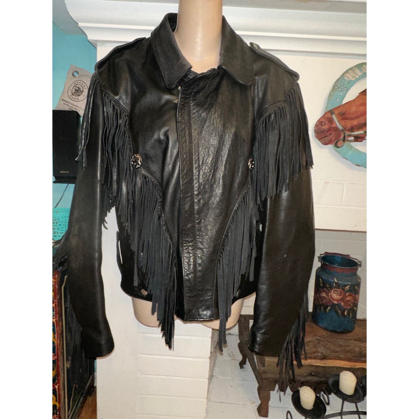 Vintage 80s HEAVY FRINGED LEATHER BIKER MOTO JACKET QUILTED LINING Size ONE SIZE - 2 Thumbnail