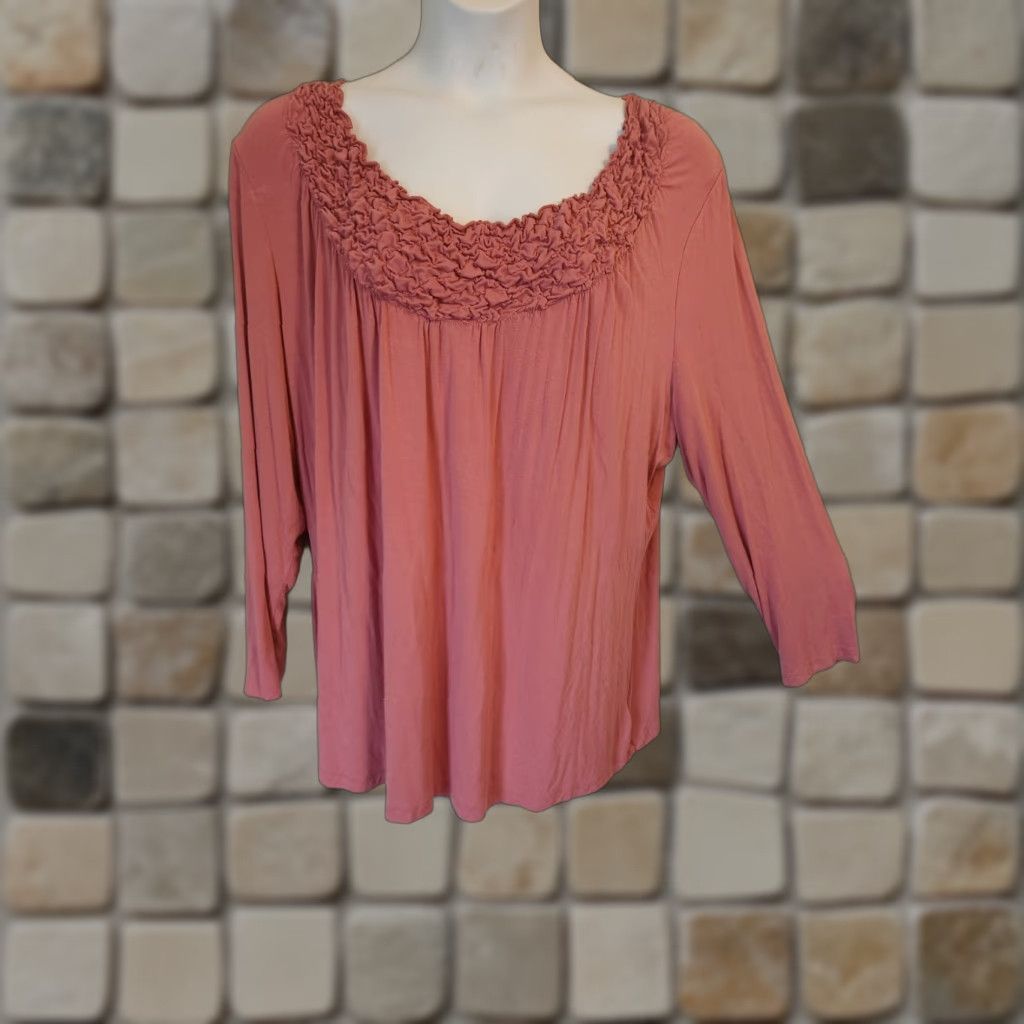 Vintage Susan Graver Blouse Shirt 2X Pink Stretch Textured Trim Casual Long Sleeve Round Neck Womens Plus Size Size XXL / US 16-18 / IT 52-54 - 1 Thumbnail