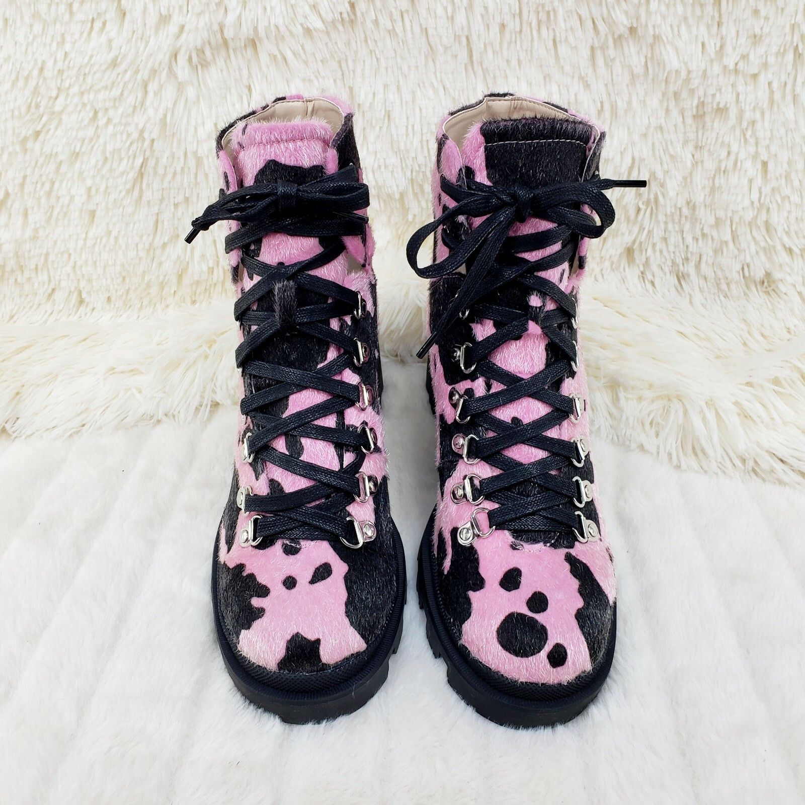 Other Kick Azz Lace Up Lug Sole Combat Ankle Boots Faux Fur Pink C Size US 7 / IT 37 - 6 Thumbnail