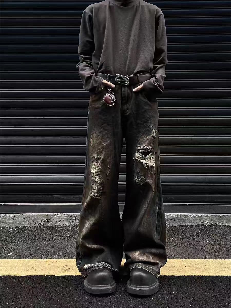 Japanese Brand × Jean Heavy dirty wash ripped high street hip hop jeans Size US 30 / EU 46 - 1 Thumbnail