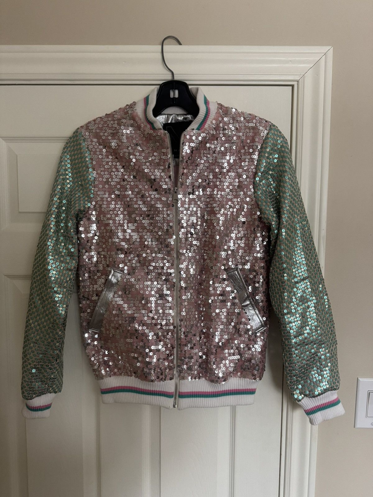 Other Sequin Designer Bomber Jacket in Pink and Green Unisex Size US XS / EU 42 / 0 - 2 Thumbnail