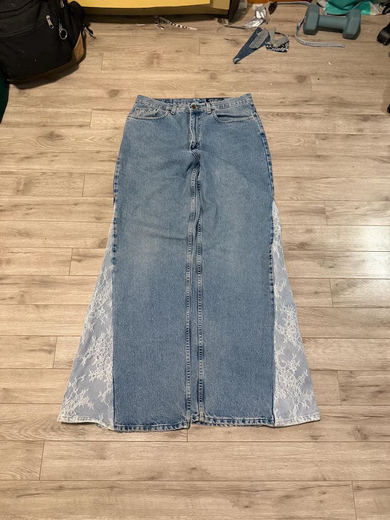 JNCO custom y2k flared flower light wash denim Size US 35 - 1 Thumbnail