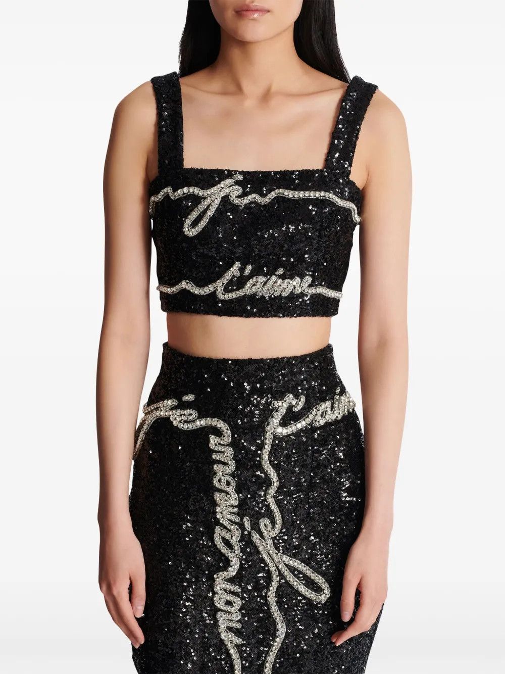 Balmain o1s1wg111225 Sequinned Cropped Top in Black Size L / US 10 / IT 46 - 3 Thumbnail