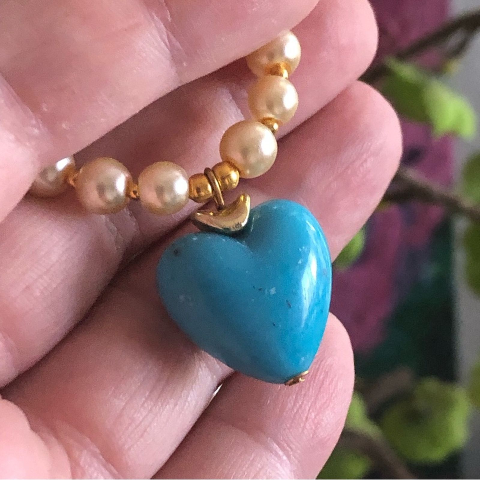 Handmade Handcrafted repurpose faux turquoise heart Pearl necklace Size ONE SIZE - 8 Thumbnail