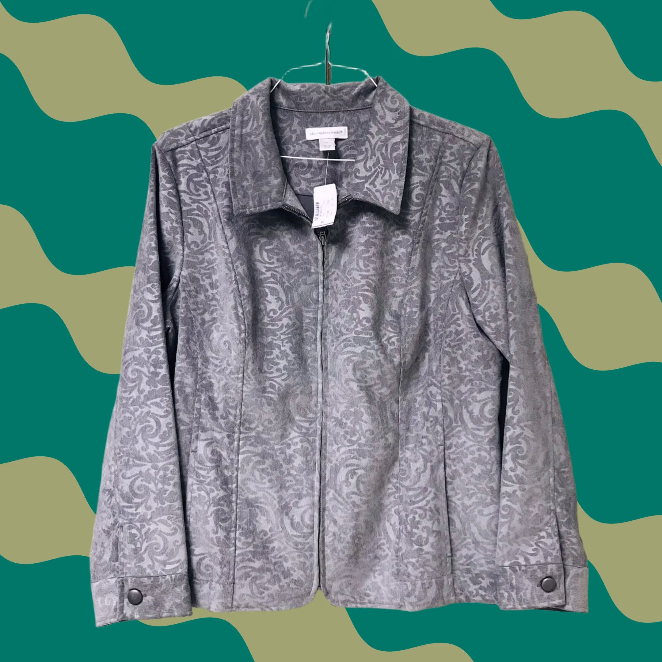Vintage Christopher & Banks Women Gray Damask Corduroy Stretch Zip Blazer Jacket XL Size XL / US 12-14 / IT 48-50 - 1 Thumbnail
