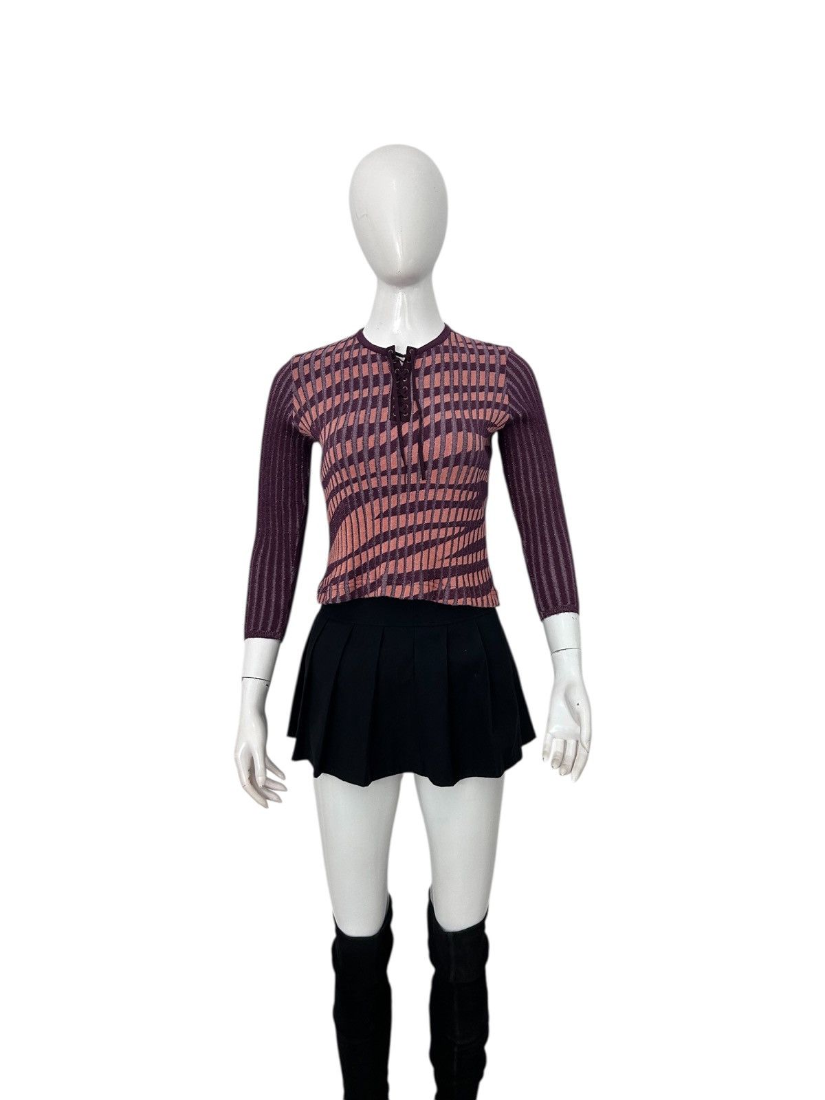 If Six Was Nine Vintage Y2k Distorted Grid Lace Up Knit Top Size M / US 6-8 / IT 42-44 - 2 Thumbnail