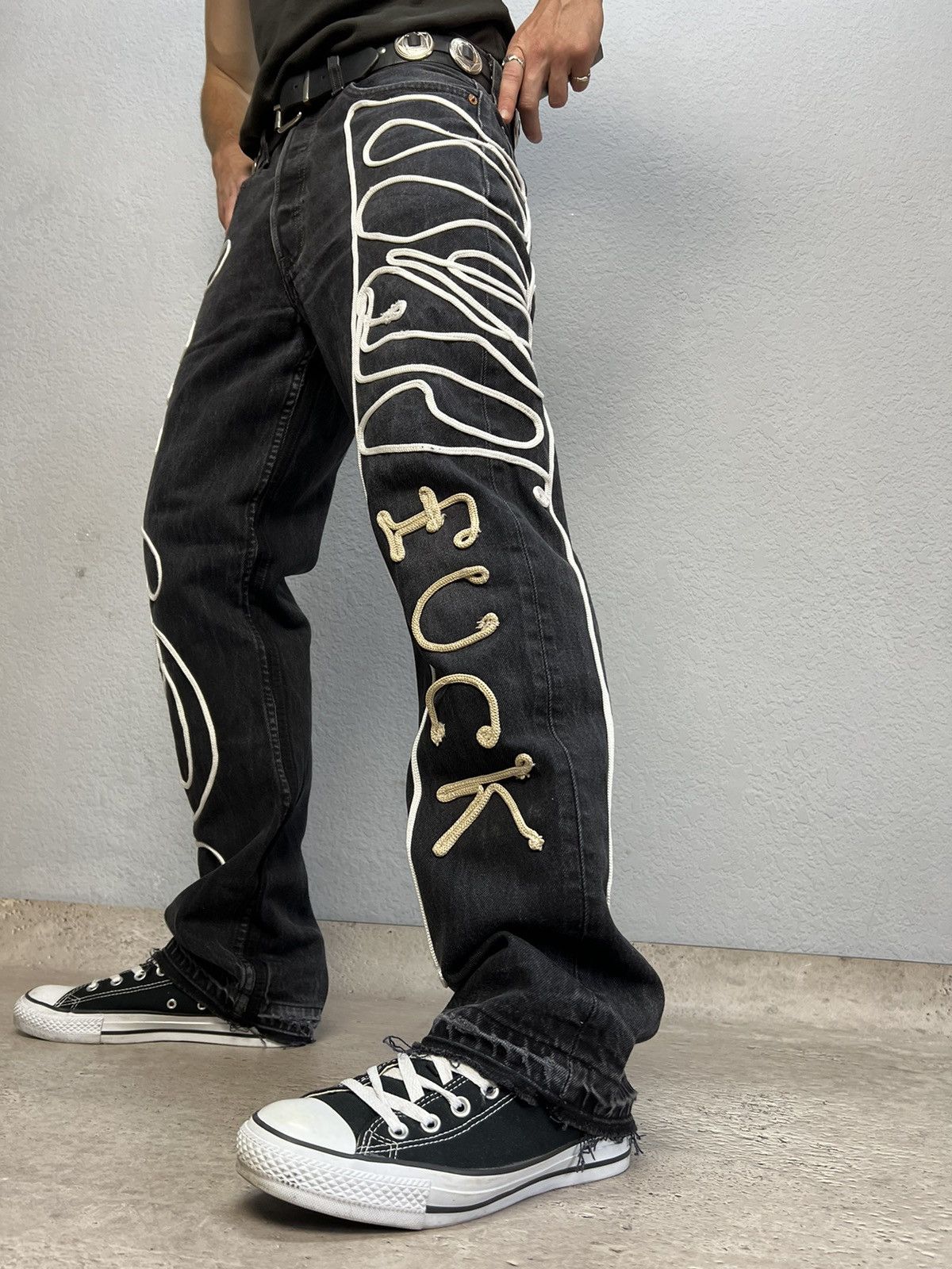Levi's × Levi's Vintage Clothing Levis 501 Custom Skeleton Jeans Denim FUCK DISTRESSED PANTS Size US 32 / EU 48 - 7 Thumbnail