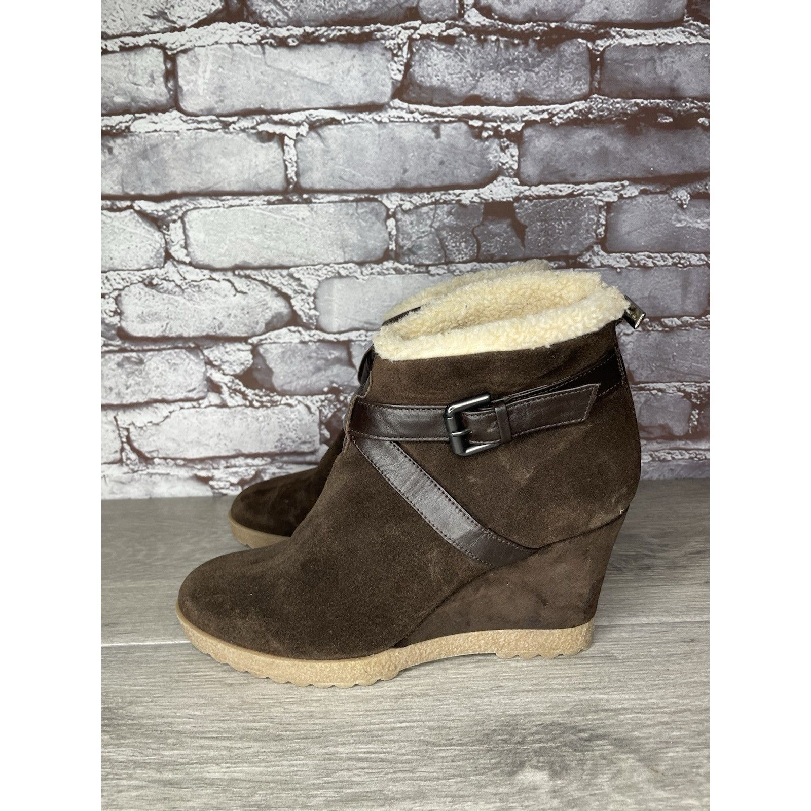 Aquatalia Aquatalia Brown Suede Faux Fur Strap Ankle Wedge Booties Wom Size US 10 / IT 40 - 12 Thumbnail