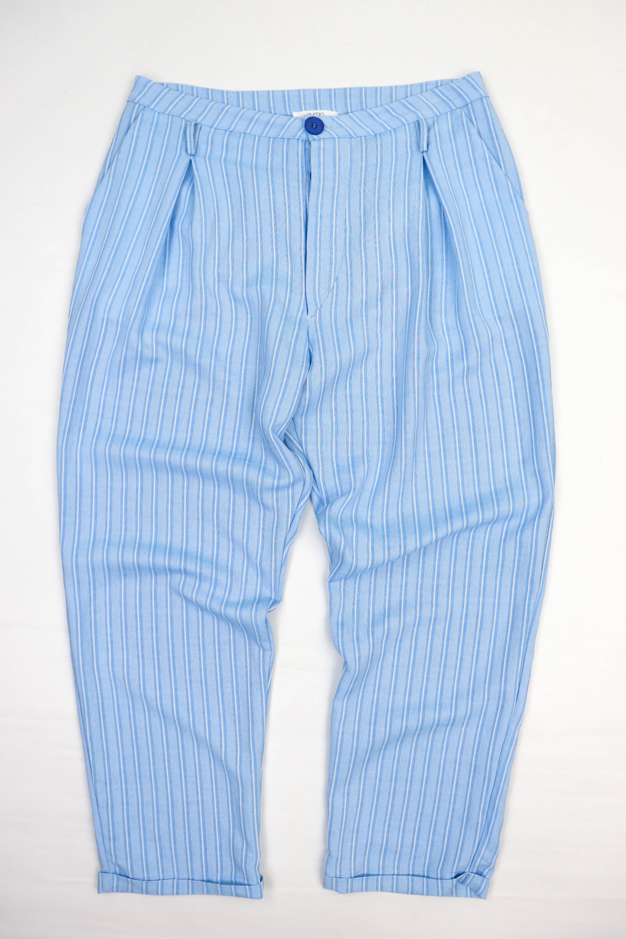 Other SHEBO Pleated Front Striped Blue Cotton/Linen Trousers Pants Size US 32 / EU 48 - 3 Thumbnail