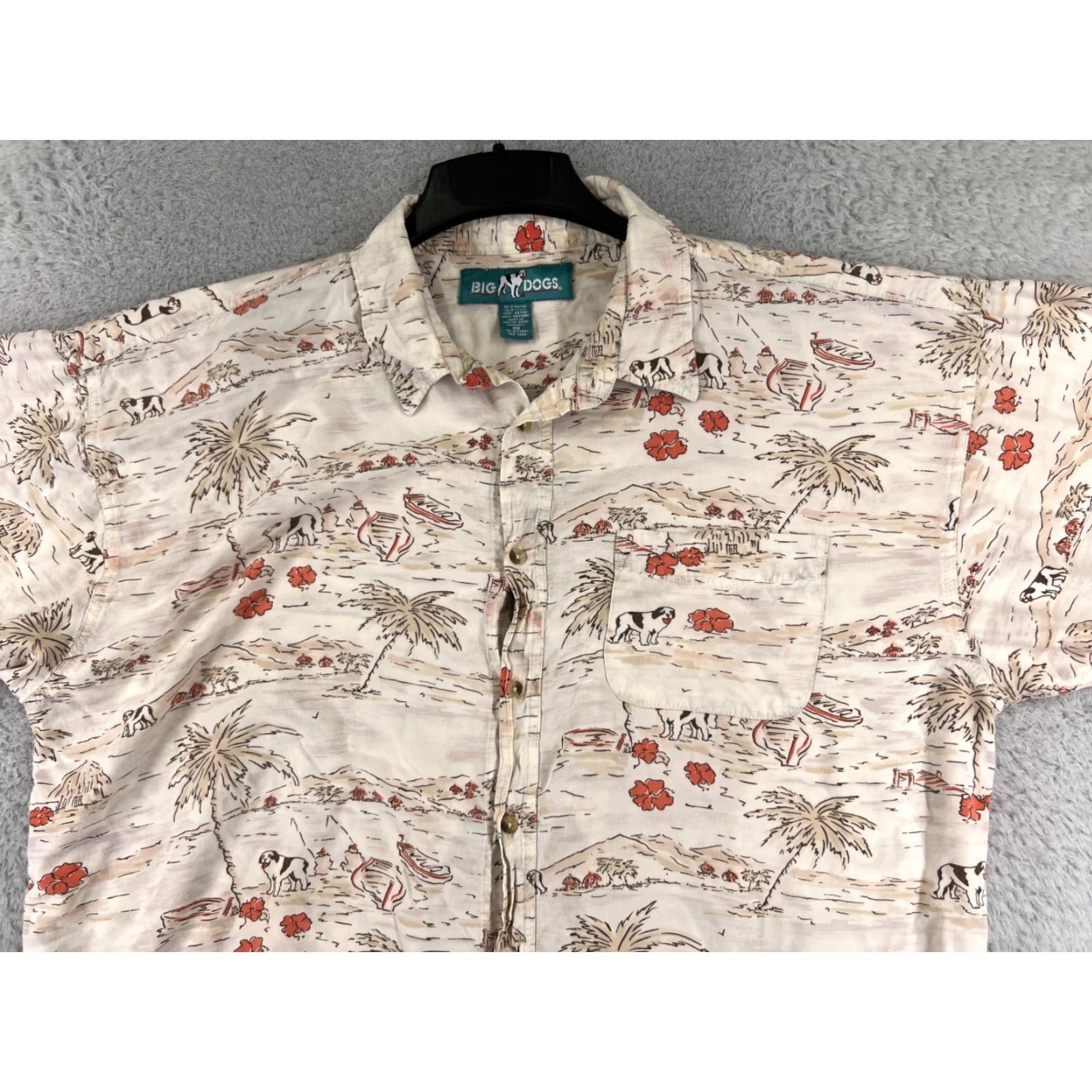 Big Dogs Big Dogs Shirt Adult 3XL Beige Floral Palm Island Rayon Hawaiian Button Mens Size US XXL / EU 58 / 5 - 4 Thumbnail