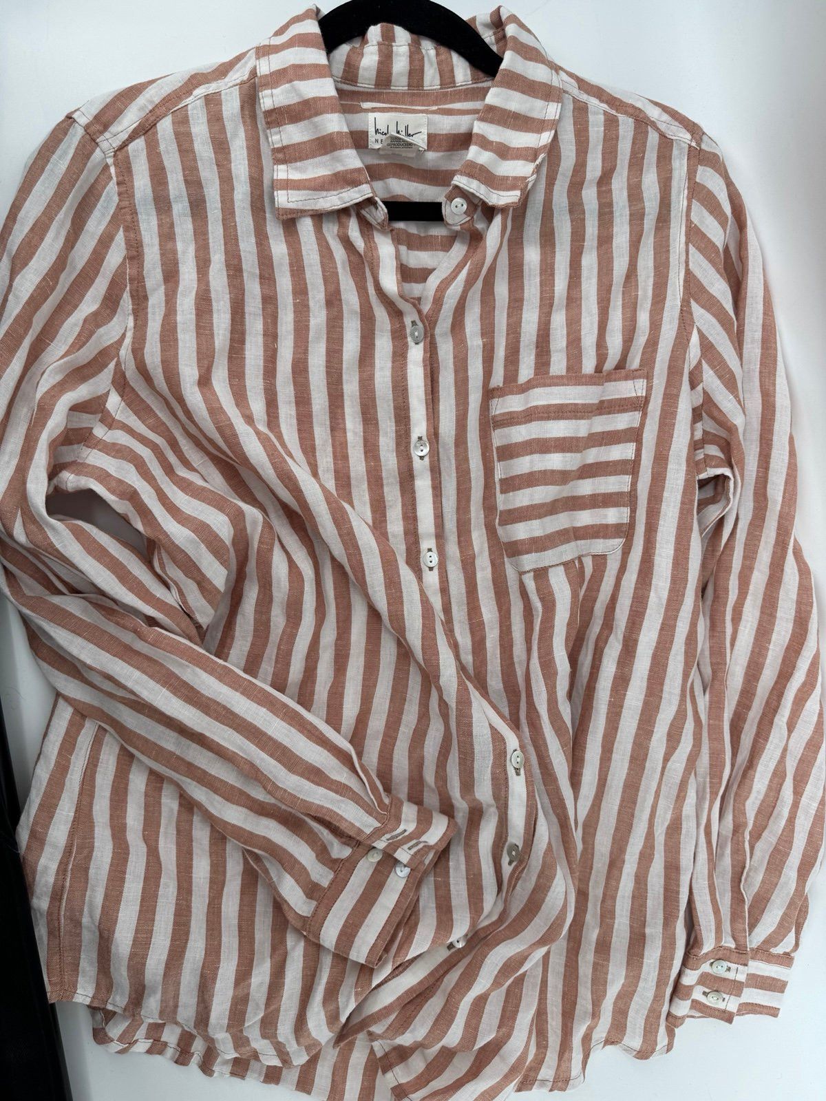 Nicole Miller Nikole Miller Linen Blend Tan and White Stripped Button-Dow Size L / US 10 / IT 46 - 1 Thumbnail