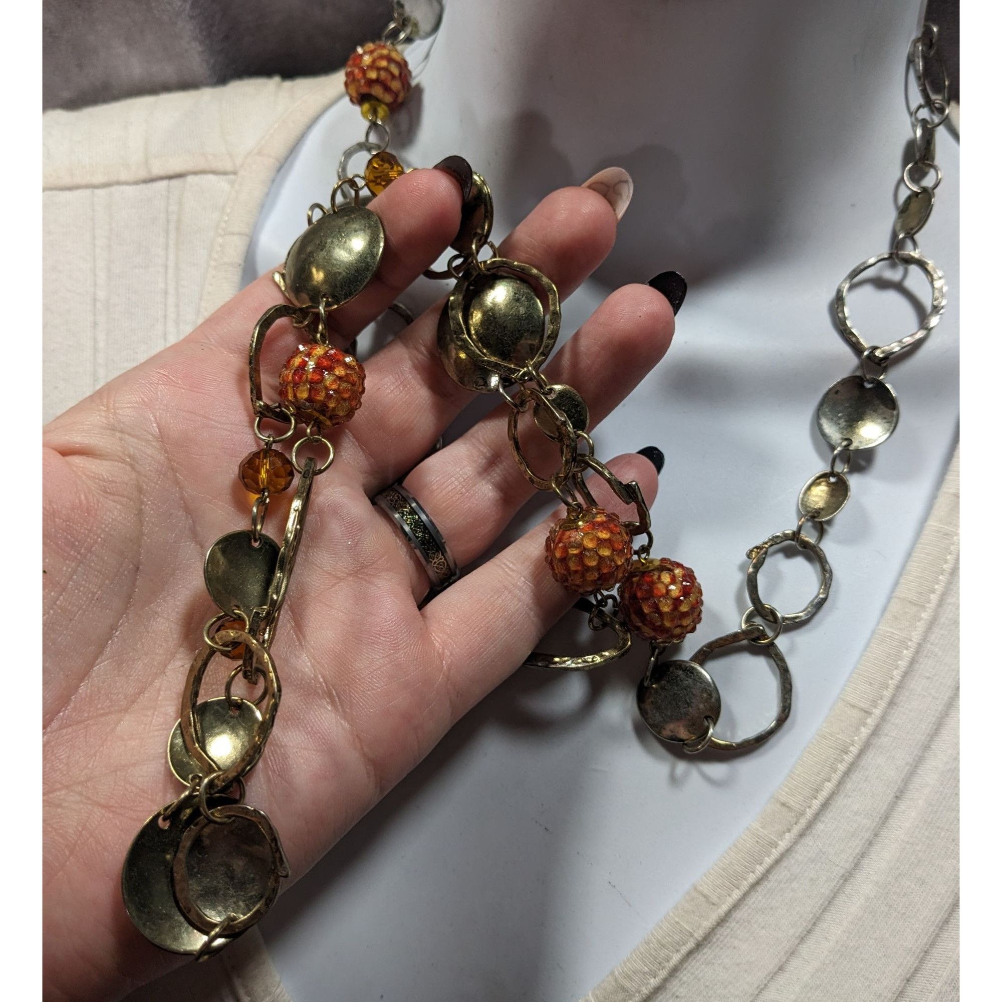Other Retro Orange Beaded Silver Tone Link Opera Necklace Size ONE SIZE - 3 Thumbnail