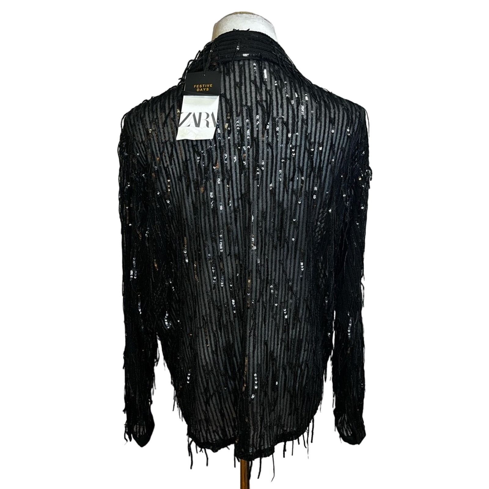 Zara NWT- Zara Woman Black Shirt Top With Sequined Fringing SZ M Size M / US 6-8 / IT 42-44 - 5 Thumbnail