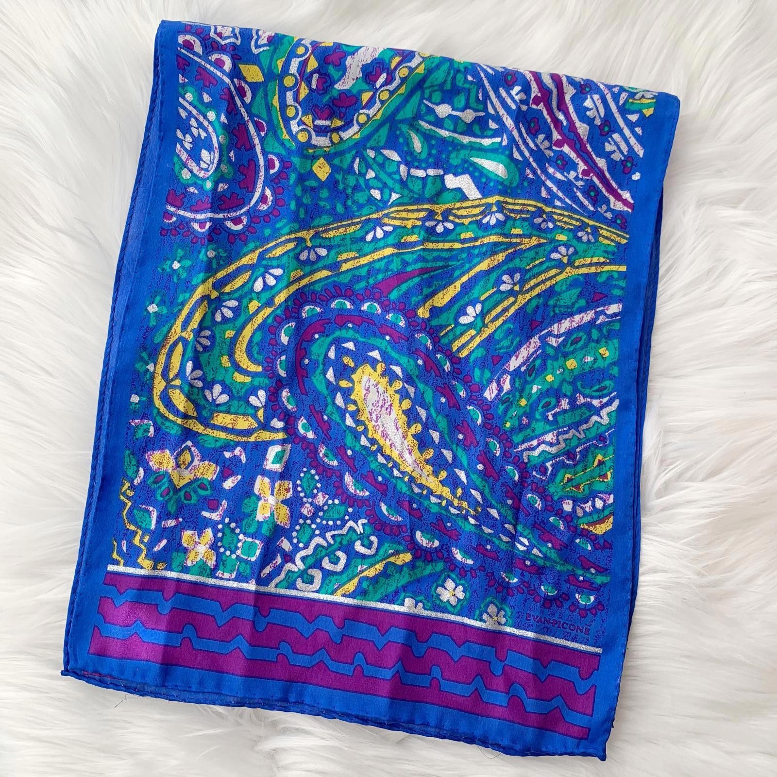 Evan Picone Vintage Evan-Picone Blue silver painted paisley silk scarf Size ONE SIZE - 1 Thumbnail