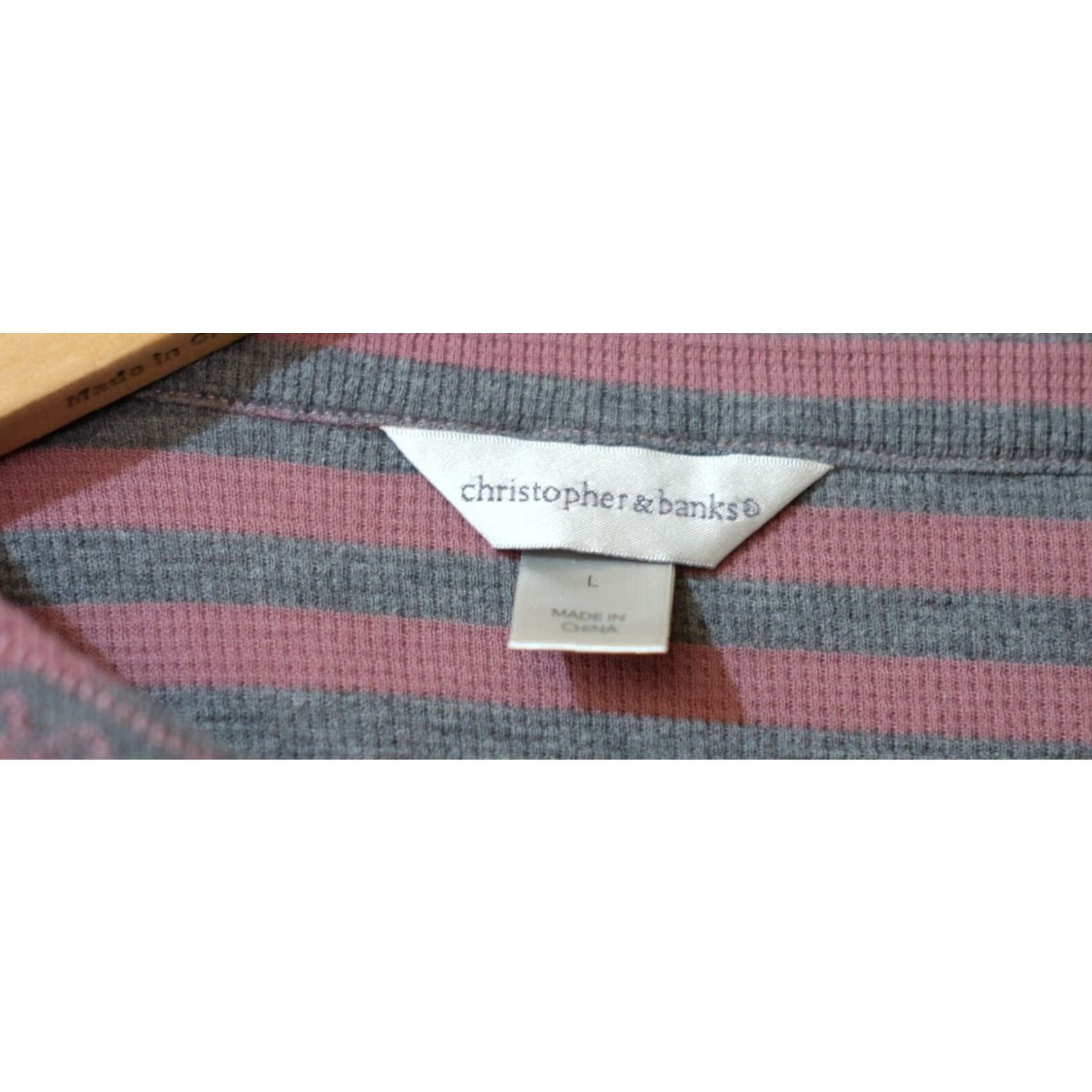 Vintage Christopher & Banks Thermal Shirt Women's L Mauve/Grey Stripe Knit Pullover Long Sleeve Split V-Neck Made in China Size L / US 10 / IT 46 - 4 Thumbnail