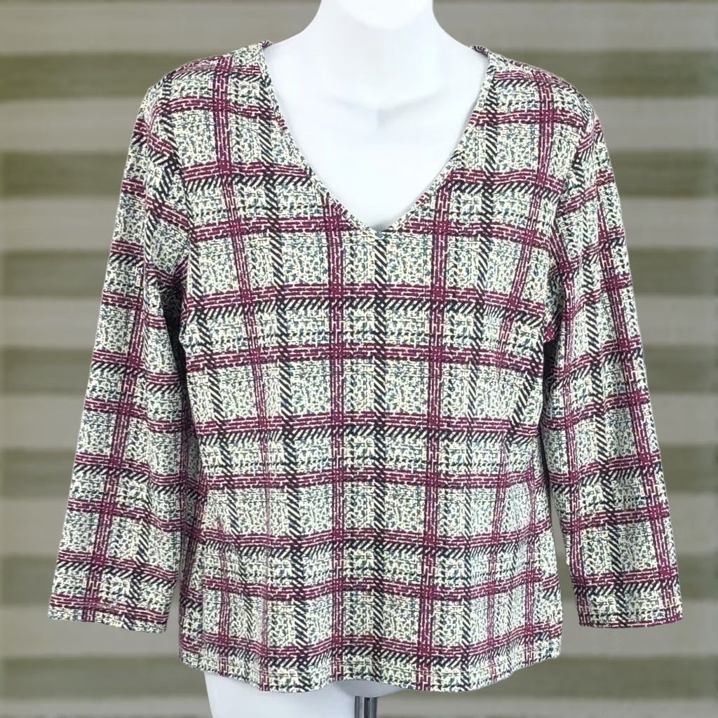 Altea Apostrophe Jersey Top L Teal Purple Plaid Geometric V-Neck 3/4 Sleeve Womens Blouse Modern Casual Wear Size L / US 10 / IT 46 - 1 Thumbnail
