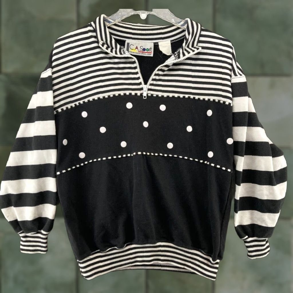 C&A VINTAGE C&A Pullover Shirt Womens Medium Black 90s 80s 1/4 Zip Polka Dot Balloon Sleeve Size M / US 6-8 / IT 42-44 - 1 Thumbnail