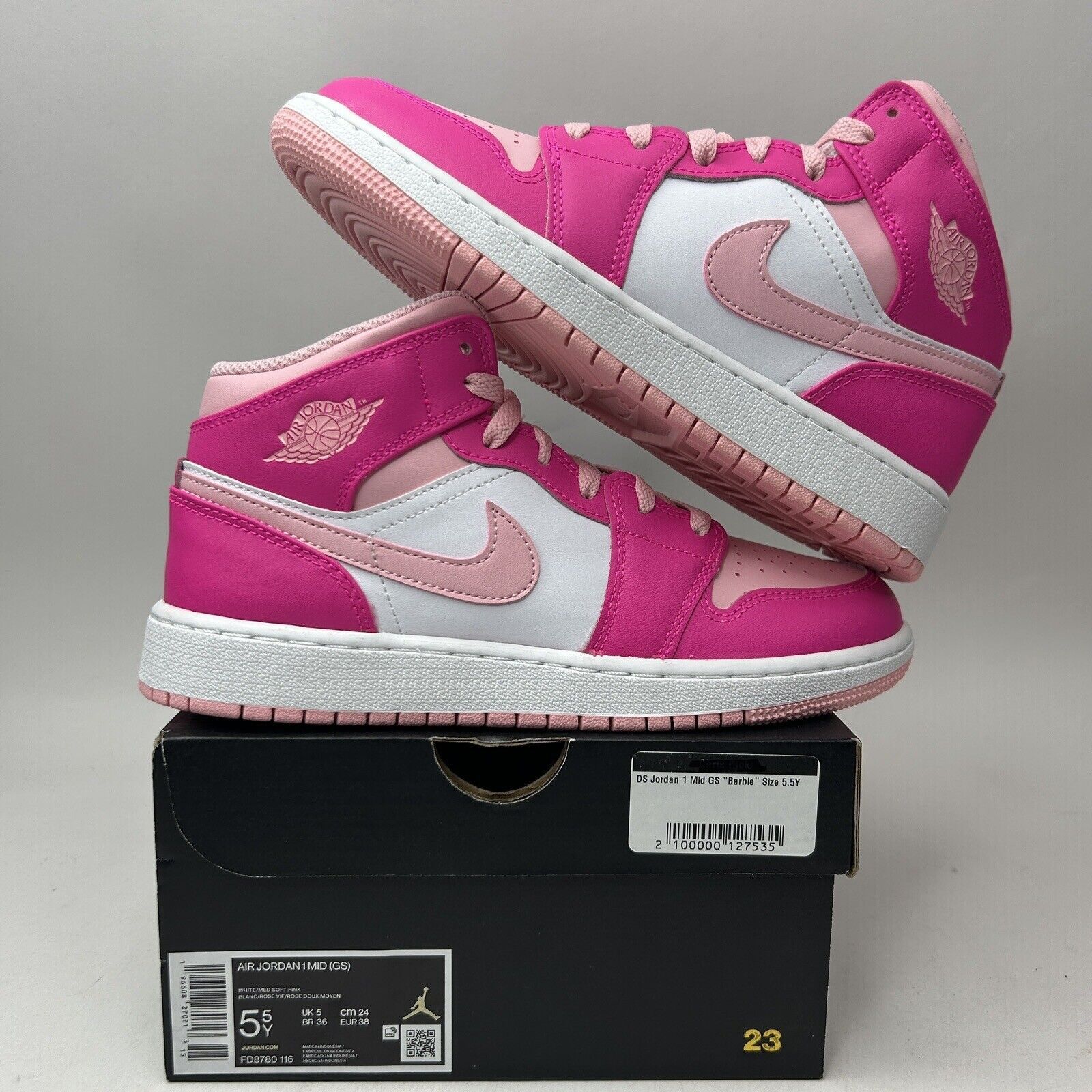 Nike Nike Air Jordan 1 Mid GS “Fierce Pink/Barbie” 2023 Size US 7 / IT 37 - 1 Thumbnail