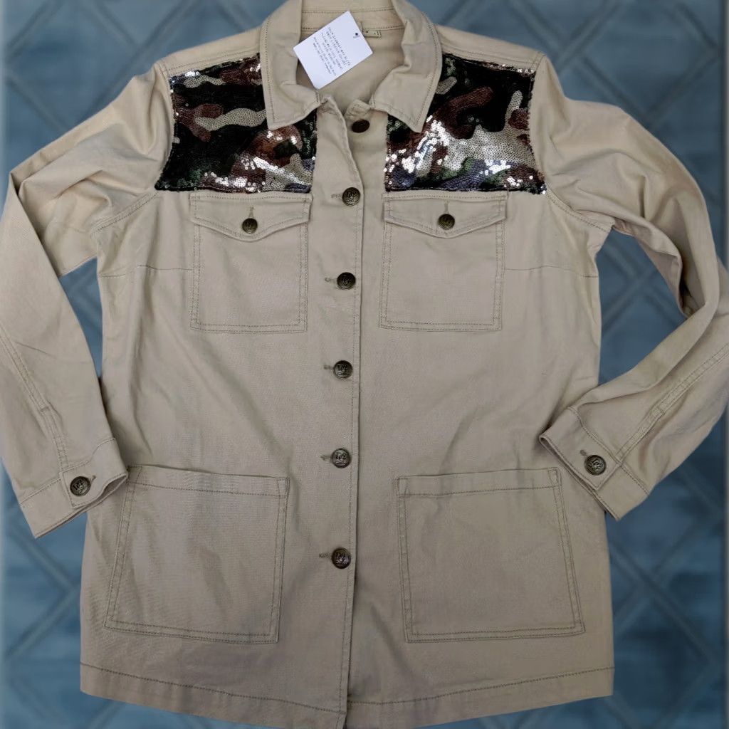 Denime DG2 by Diane Gilman Womens L Beige Denim Sequin Camo Military Jacket Chore jean Size 36" / US 14 / IT 50 - 1 Thumbnail