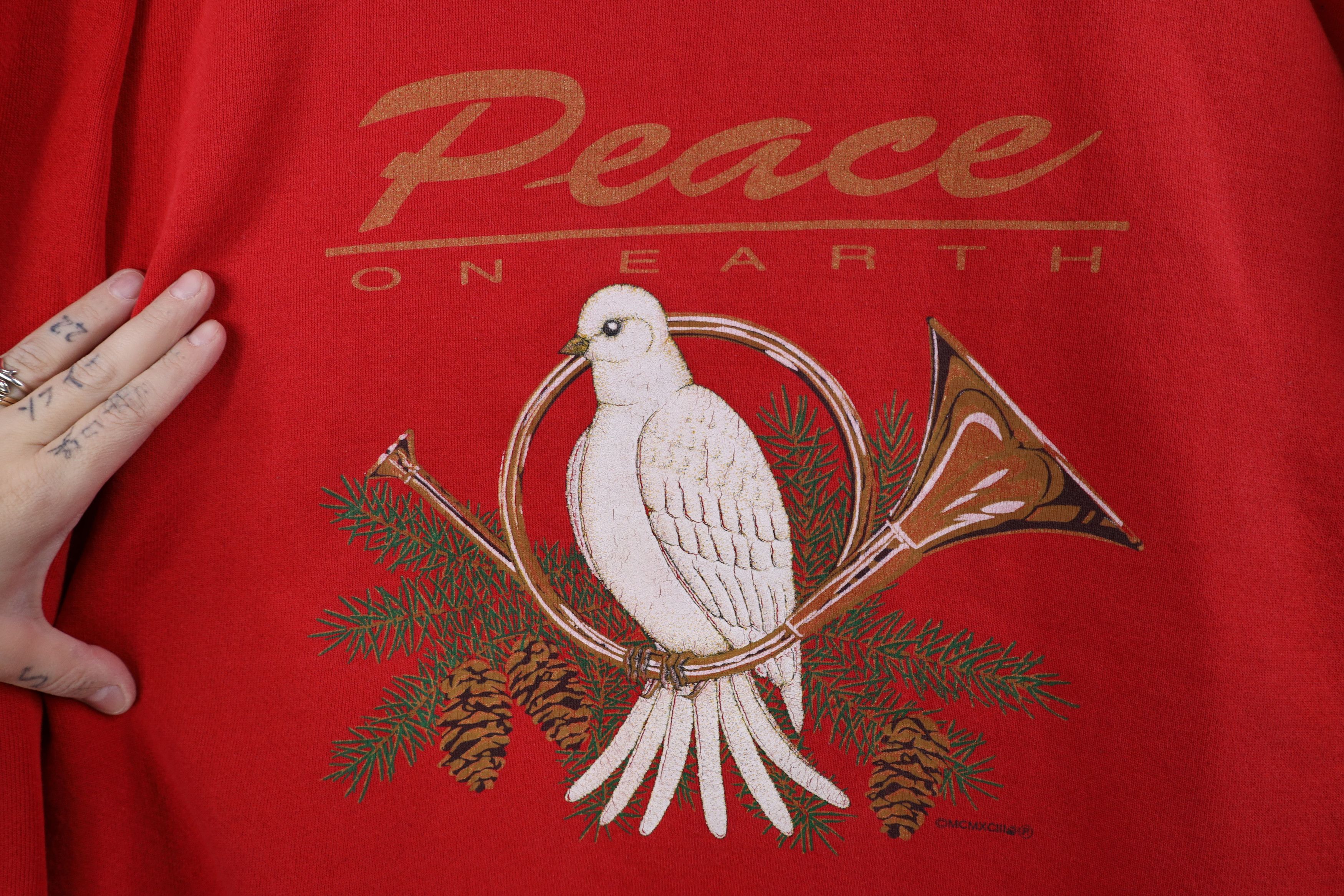 Vintage Vintage 90s Christmas Dove Peace On Earth Sweatshirt Red USA Size XL / US 12-14 / IT 48-50 - 4 Thumbnail