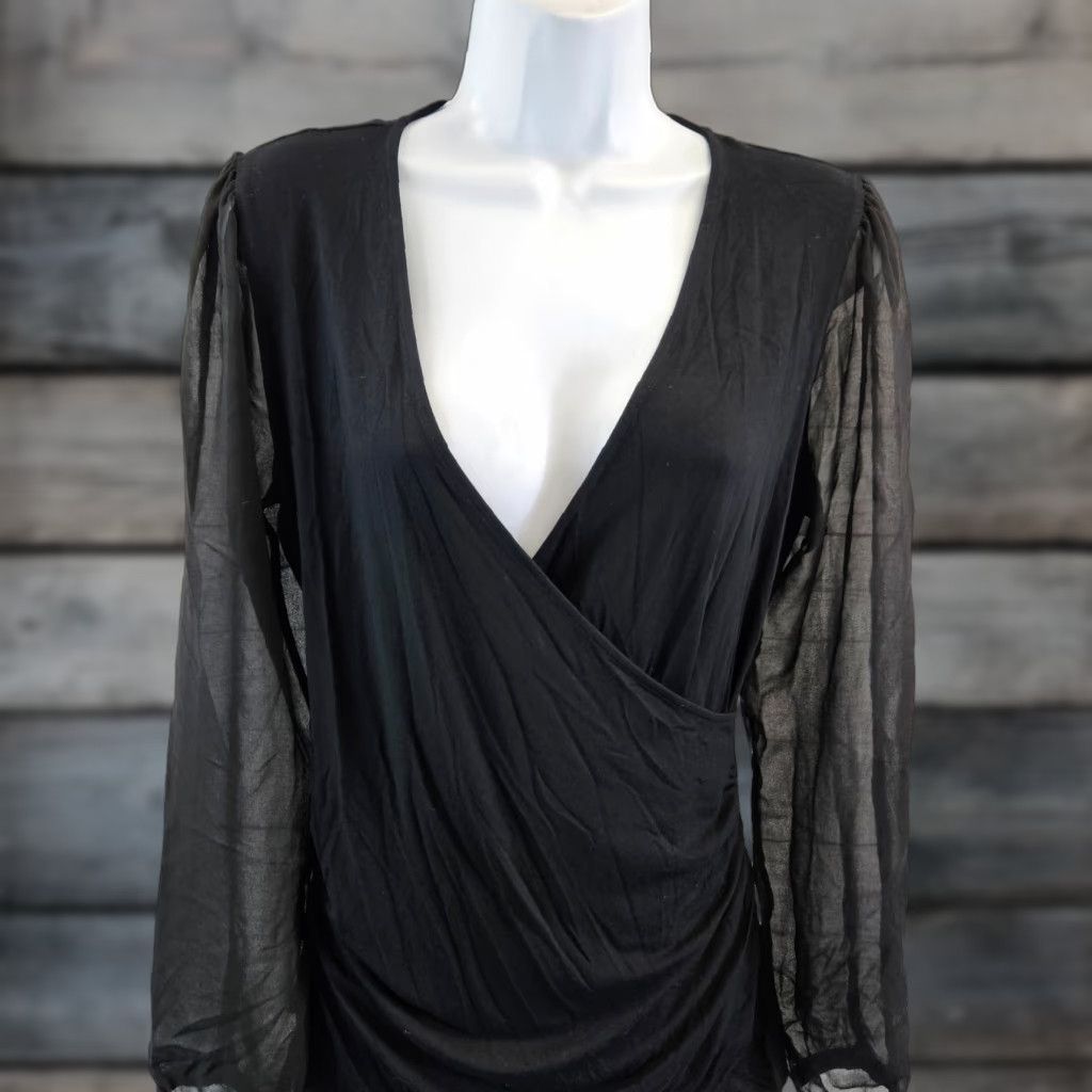 Boden Boden Blouse Womens Faux Wrap Top 10 Black Long Sleeve V-Neck Sheer Viscose Blend Size L / US 10 / IT 46 - 1 Thumbnail