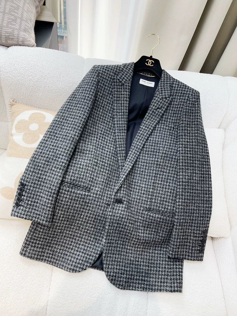 【SAINT LAURENT】houndstooth wool-blend ブレザー SAINT LAURENT Houndstooth double-breasted wool-blend blazer