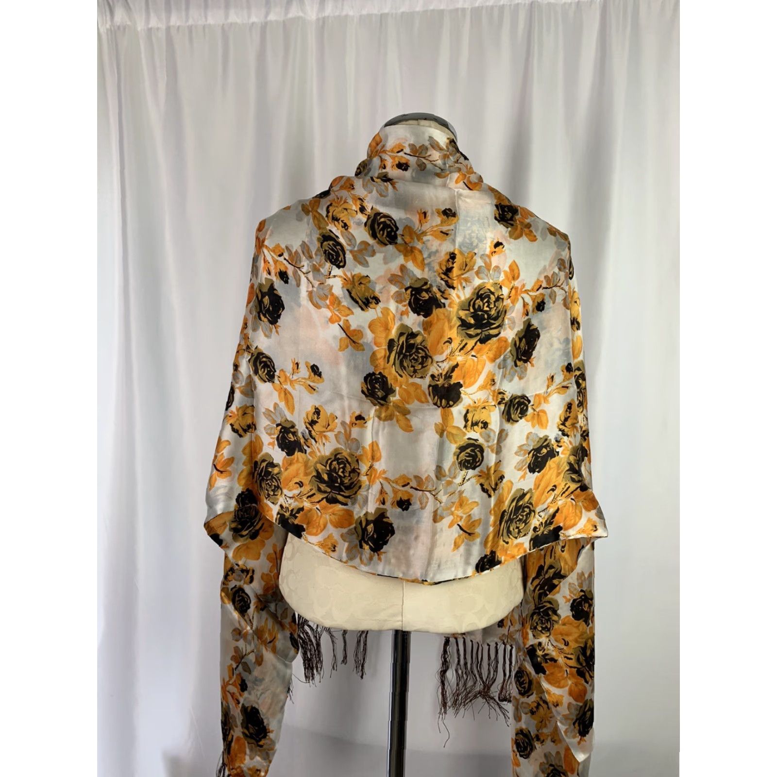 Vintage VINTAGE New Silk Scarf Orange Rose Floral Scarf Brown Fringe 21 x 62" Silk Floral Roses Orange Womens Scarf Size ONE SIZE - 8 Thumbnail