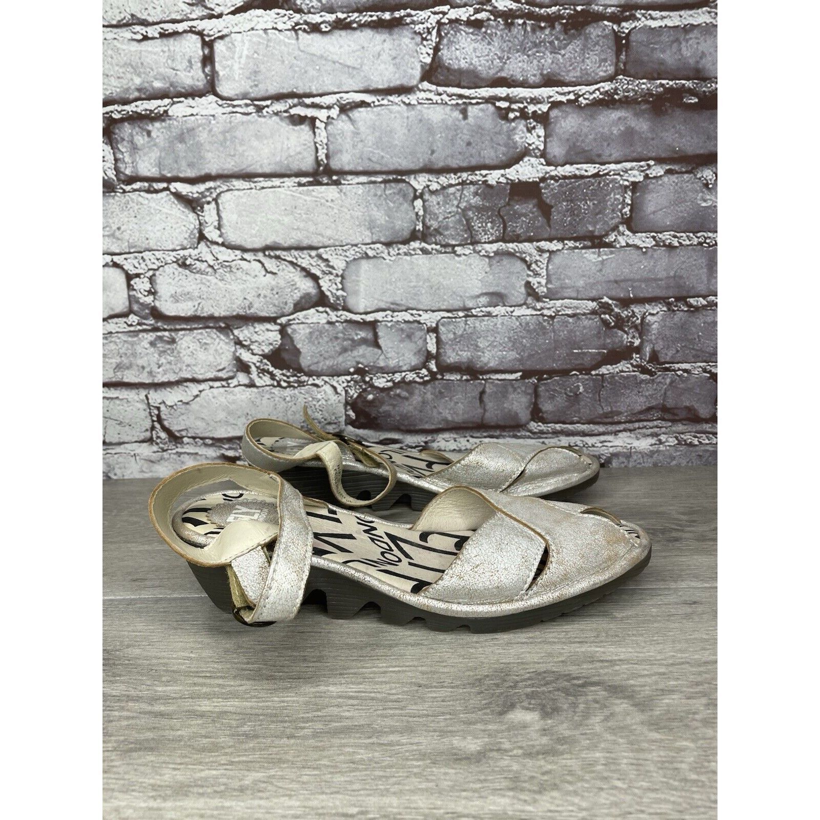 Fly London FLY London Pero Silver Metallic Crackled Peep Toe Wedge Sand Size US 9.5 / IT 39.5 - 20 Thumbnail