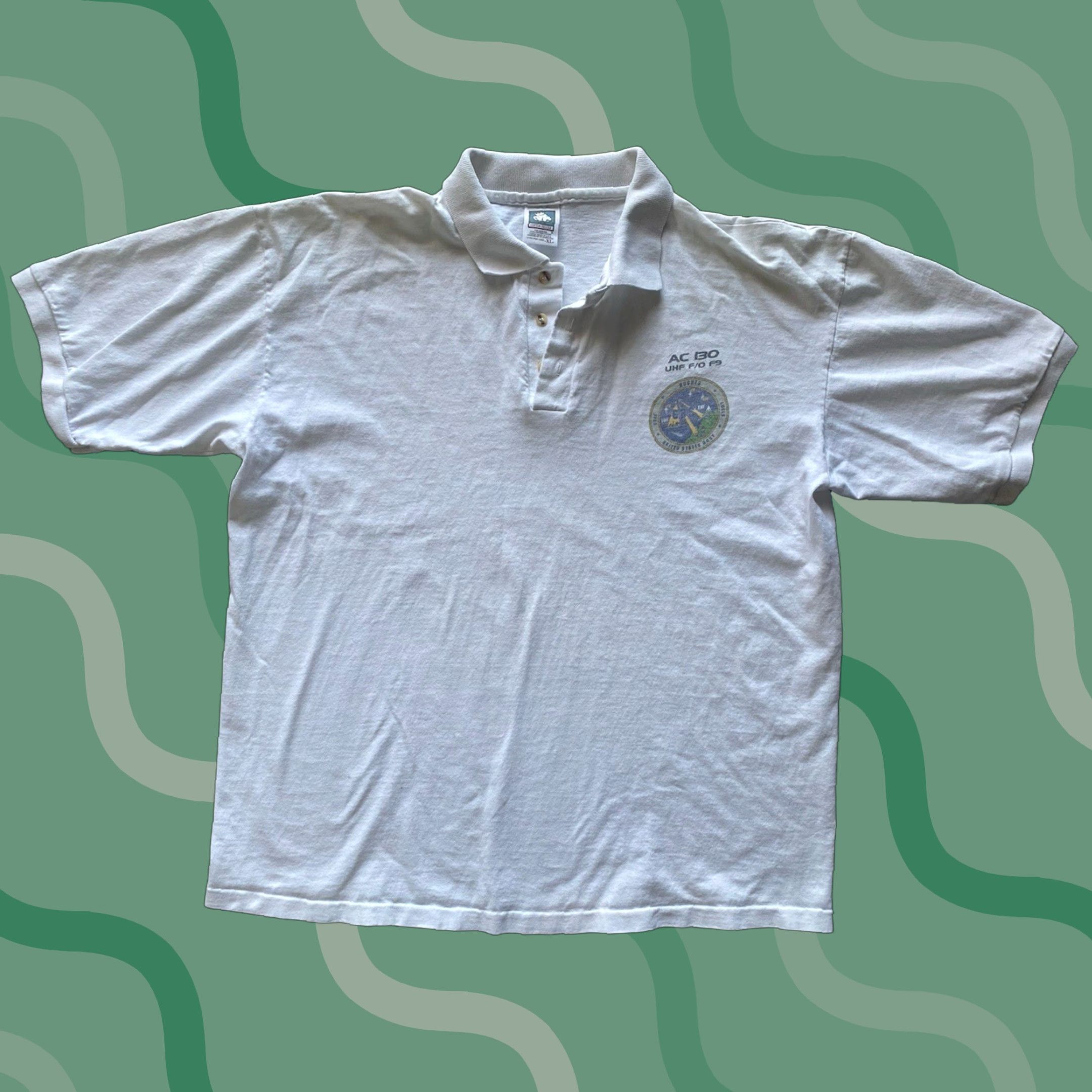 Vintage VINTAGE Cotton Deluxe Polo Shirt Men XL White Space Military Navy AC UHF F/O F9 Rock? Size US XL / EU 56 / 4 - 1 Thumbnail