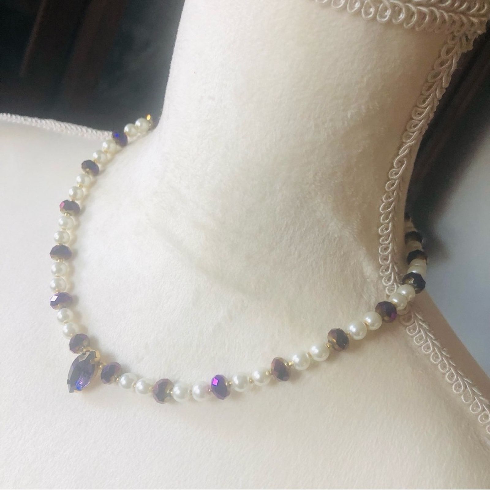 Handmade Handcrafted repurpose marquis purple stone Pearl necklace Size ONE SIZE - 4 Thumbnail