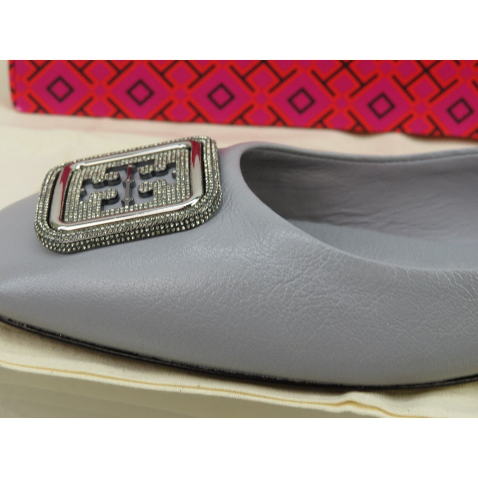 Tory Burch TORY BURCH GEORGIA GRAY LEATHER LOGO GRYSTALS REVA FLATS 8 Size US 8 / IT 38 - 10 Thumbnail